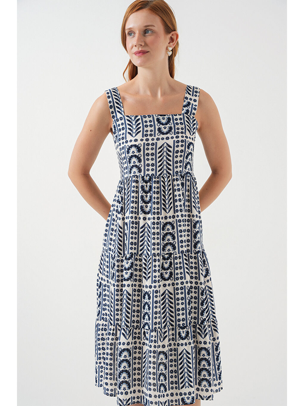 Ekru Kadın Desenli Askılı Midi Elbise 2577 - Krem-3