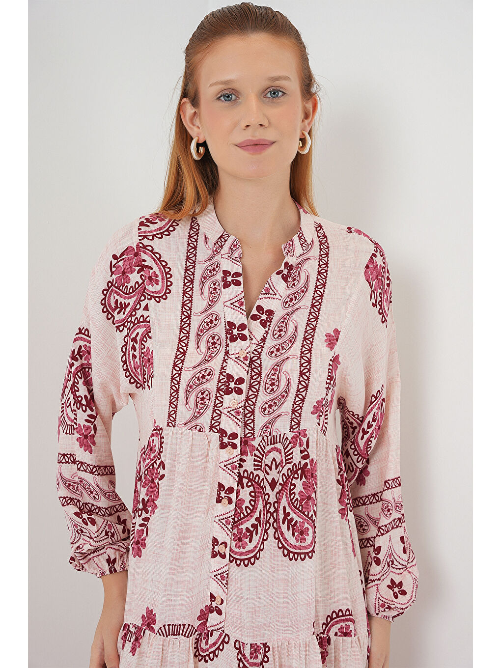 Kadın Desenli Uzun Tesettür Elbise 2585 - B.Kırmızı-1