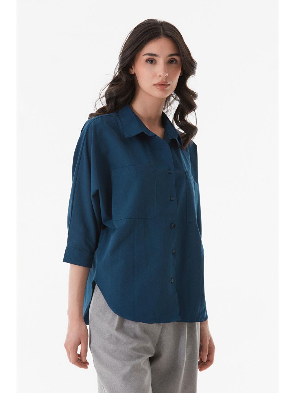 Lacivert Basic Çift Cepli Oversize Gömlek-3