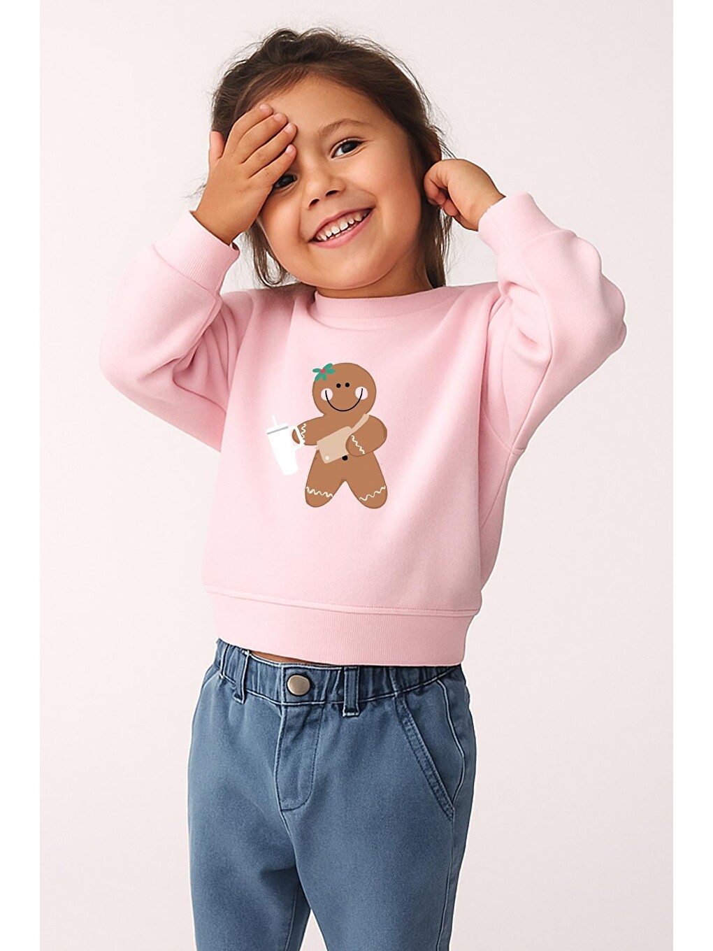 Pembe Kız Çocuk Baskılı 3 İplik Kumaş Pamuklu Sweatshirt