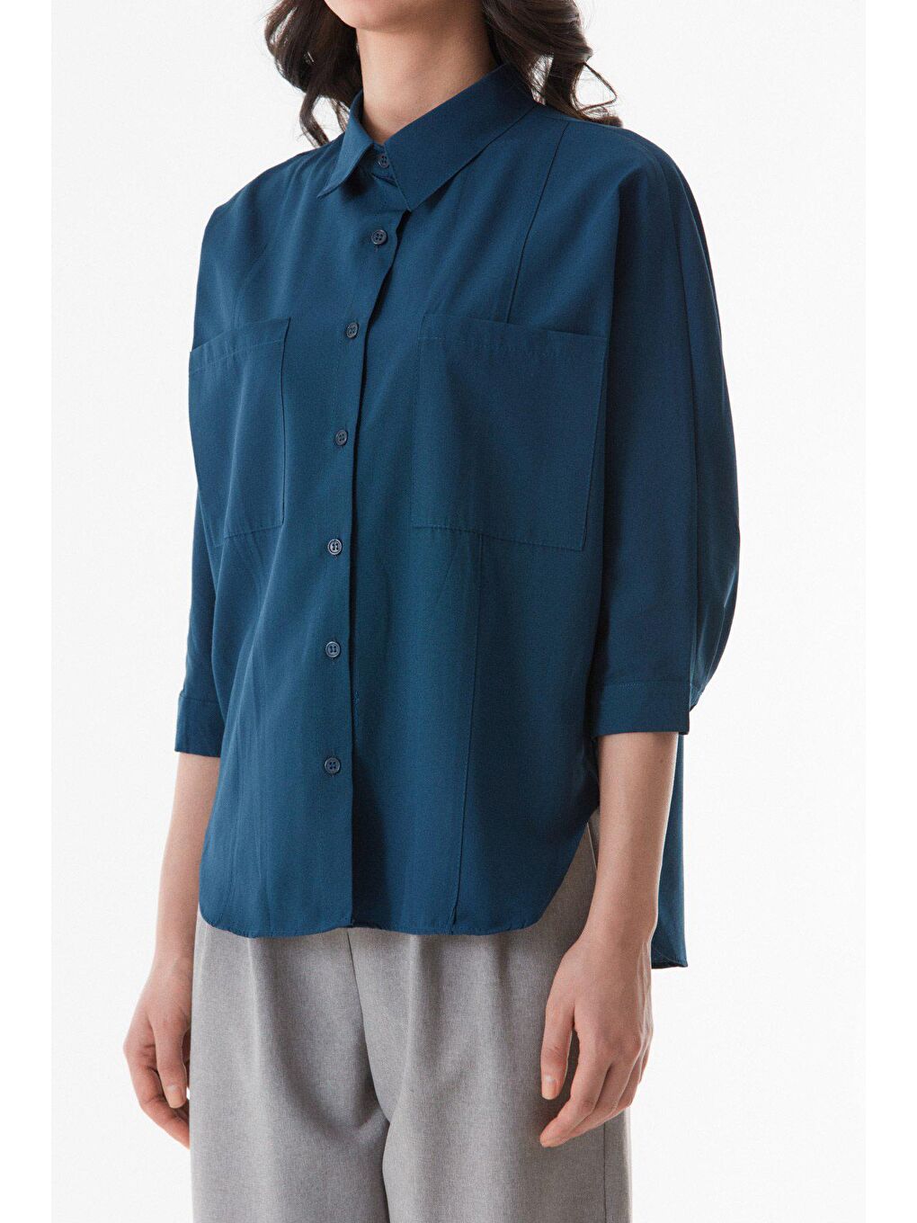 Lacivert Basic Çift Cepli Oversize Gömlek-4