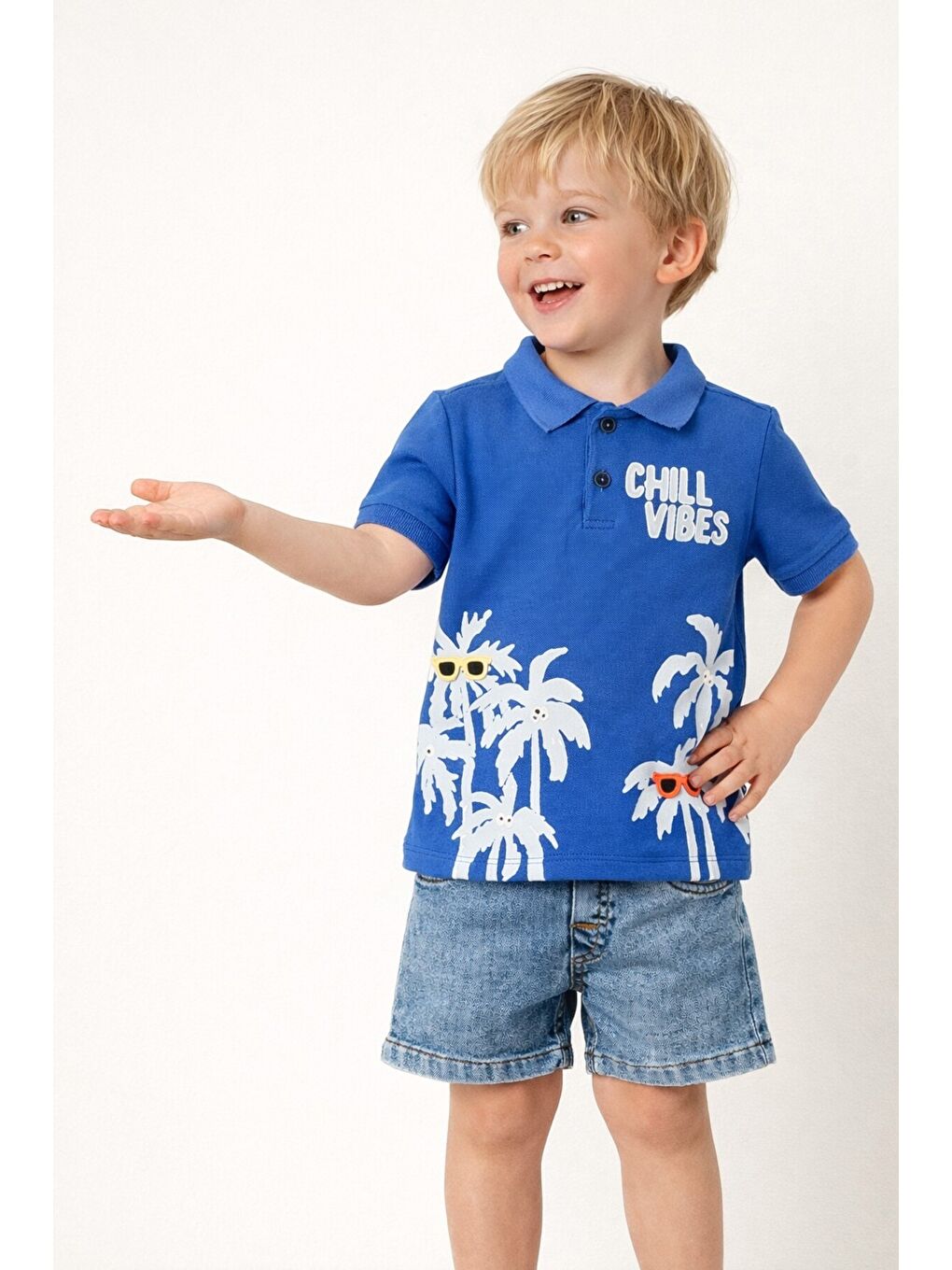 Mavi Tarz Lakos Palmiye Desenli Belden Ayarlanabilir Kısa Kollu Şortlu 2'li Takım Çocuk ve Bebek Giy-1