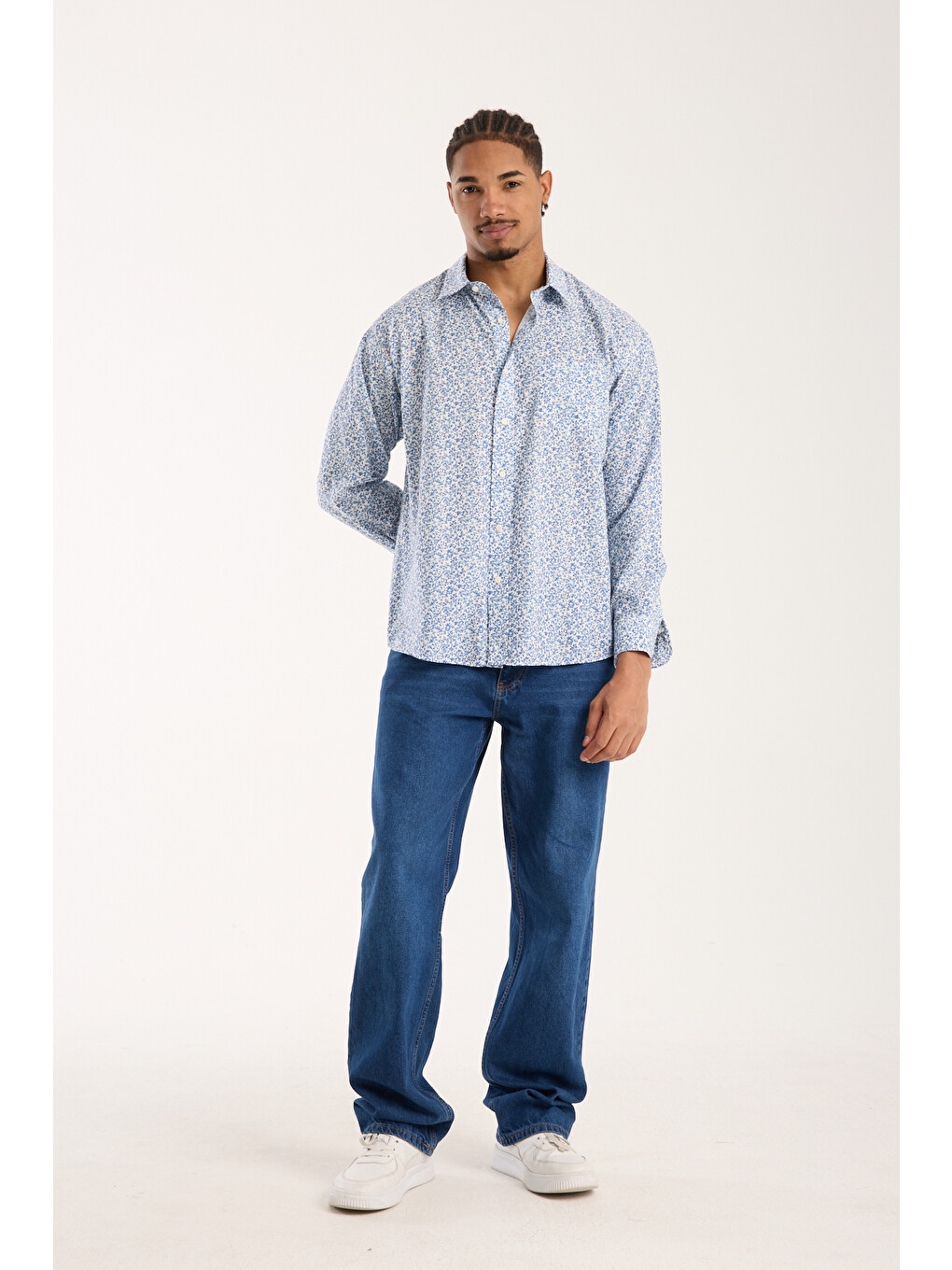Rio Poplin Pamuklu Oversize Fit Beyaz Klasik Yaka Erkek Baskılı Gömlek-2