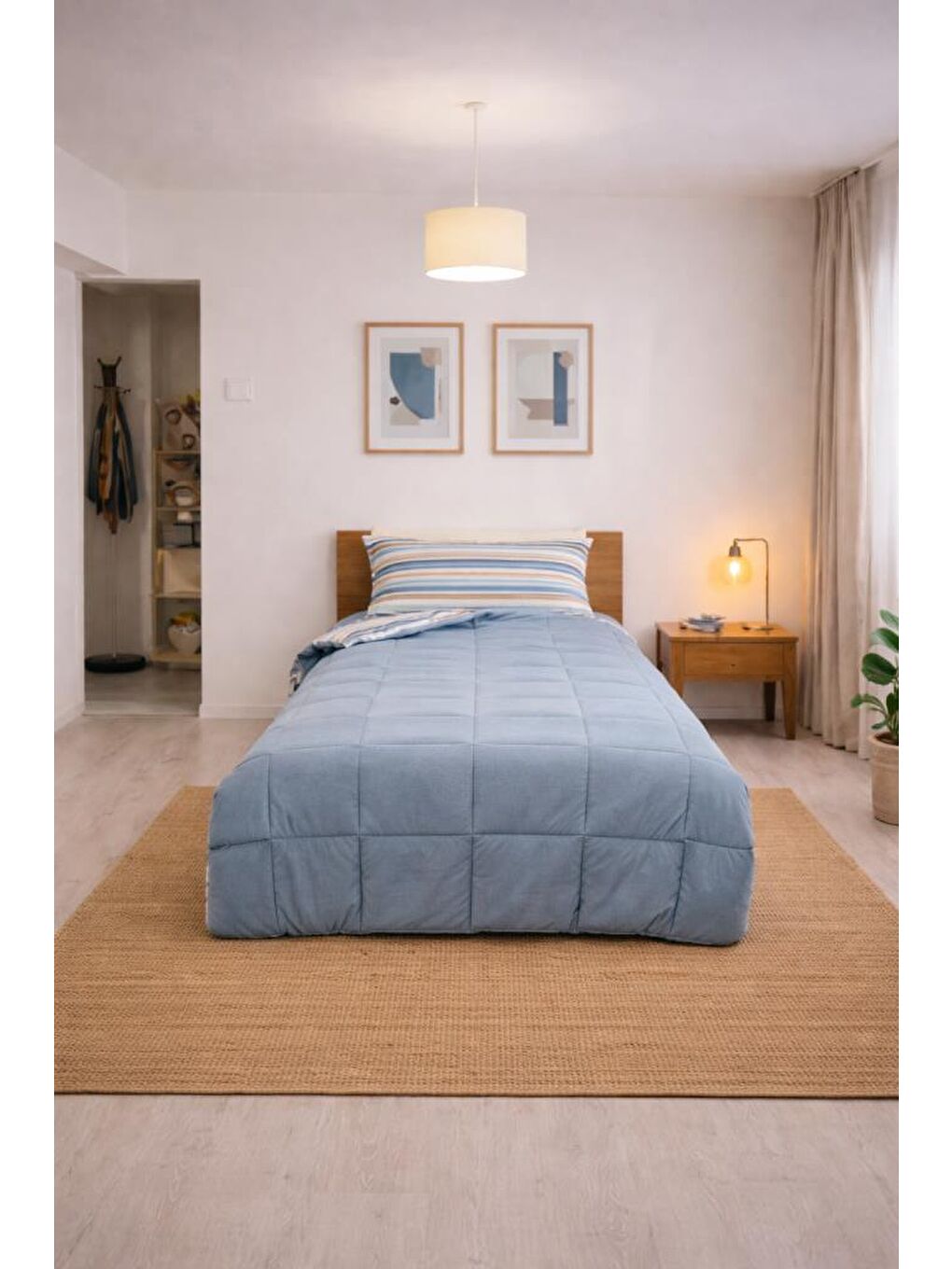 Sherpa Pelüş Tek Kişilik Lastikli Çarşaflı Comforter Set Mavi-1