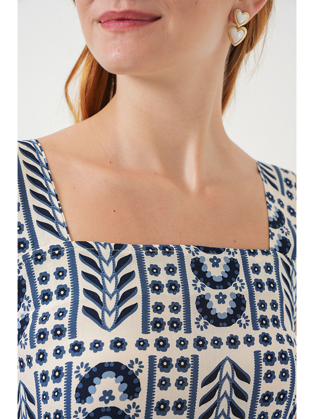 Ekru Kadın Desenli Askılı Midi Elbise 2577 - Krem-4