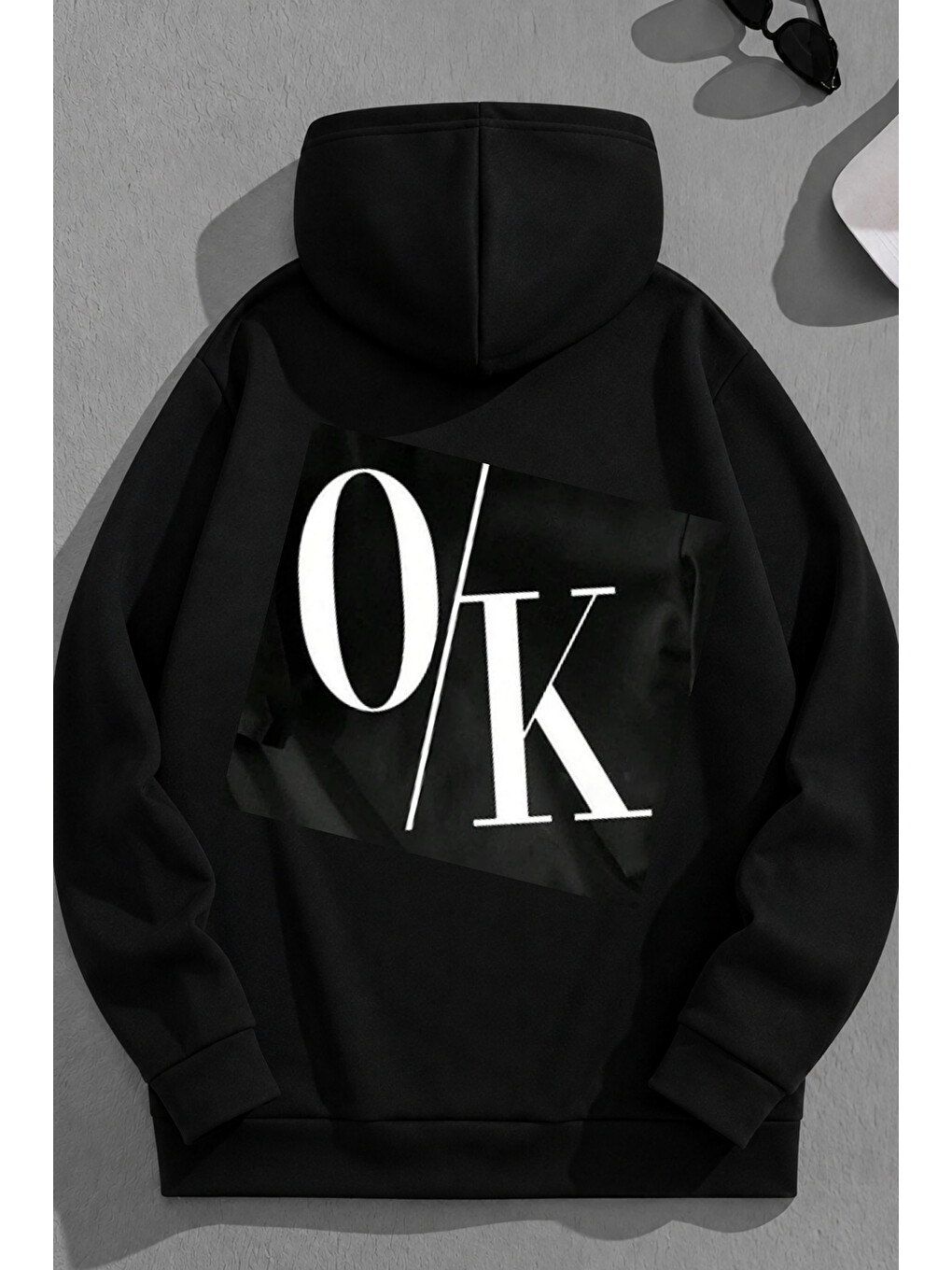 Unisex 3 İplik Pamuklu Siyah O/k Baskı Bol Kalıp Sweatshirt Hoodie