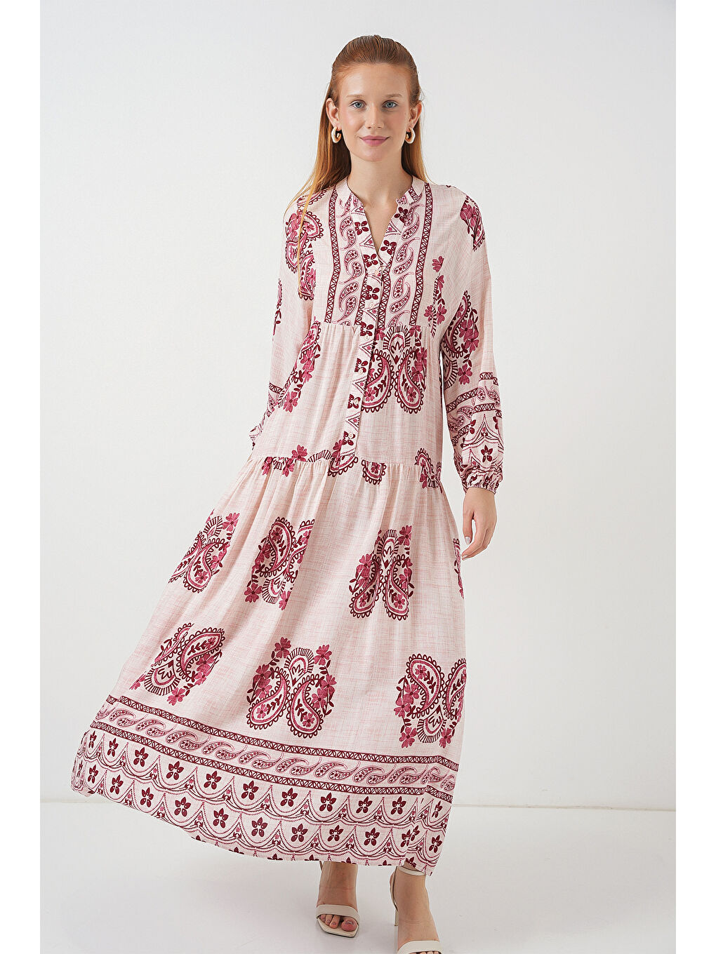 Kadın Desenli Uzun Tesettür Elbise 2585 - B.Kırmızı-2