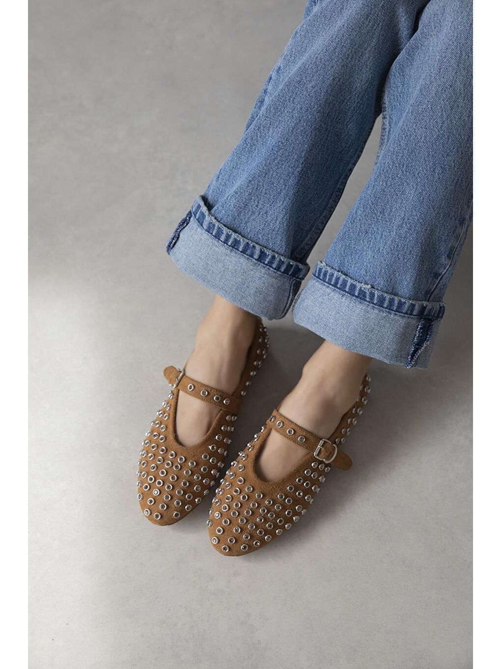 Kahverengi Sofia Kadın Drop Detay Süet Babet Taba-3