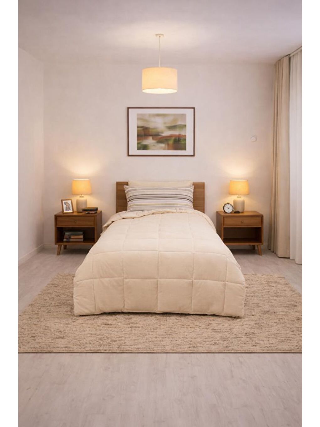 Ekru Sherpa Pelüş Tek Kişilik Lastikli Çarşaflı Comforter Set Krem-1