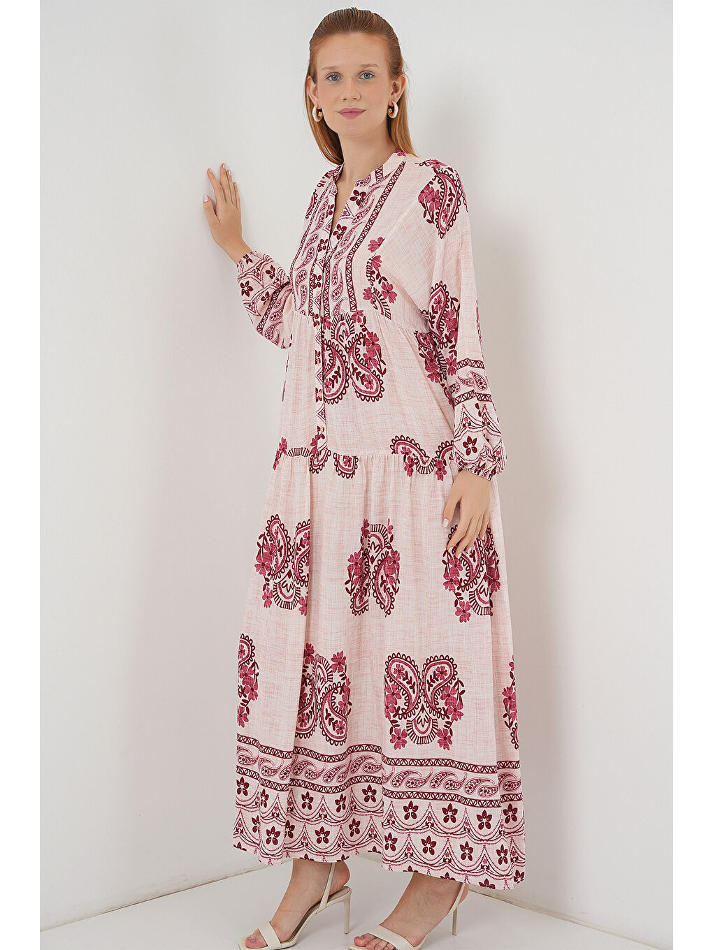 Kadın Desenli Uzun Tesettür Elbise 2585 - B.Kırmızı-3