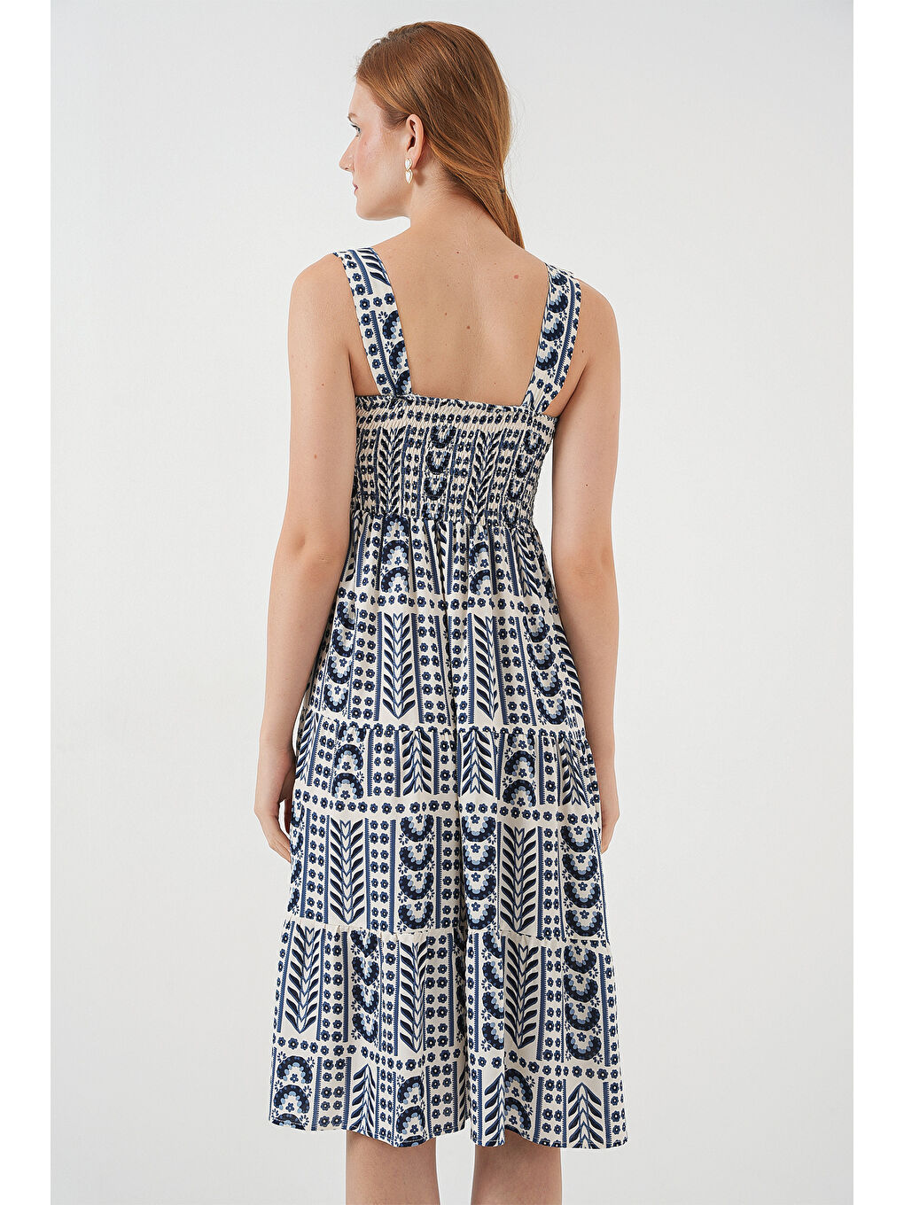 Ekru Kadın Desenli Askılı Midi Elbise 2577 - Krem-5