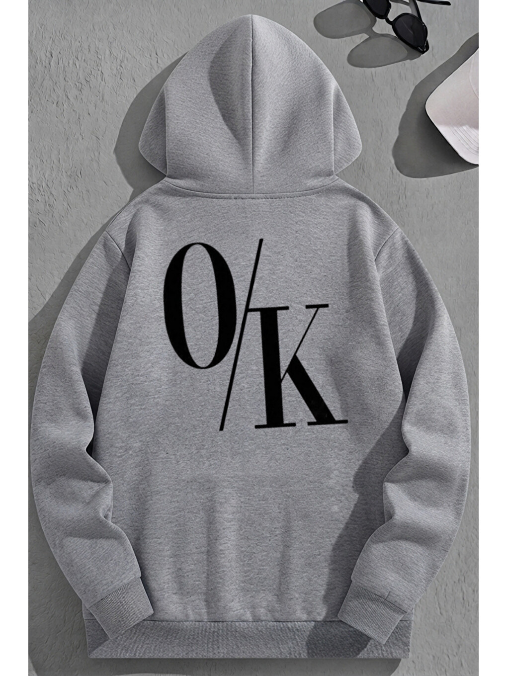 Unisex 3 İplik Pamuklu Gri O/k Baskı Bol Kalıp Sweatshirt Hoodie