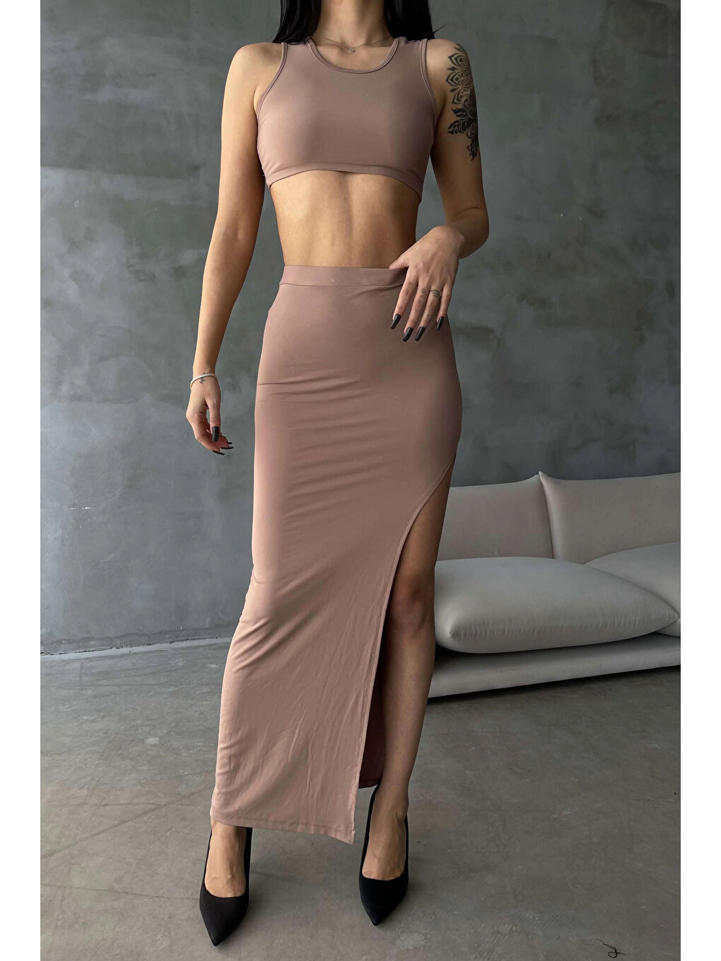 Bej Kadın Vizon Crop Yırtmaçlı Etek Takım 0956-2002-1