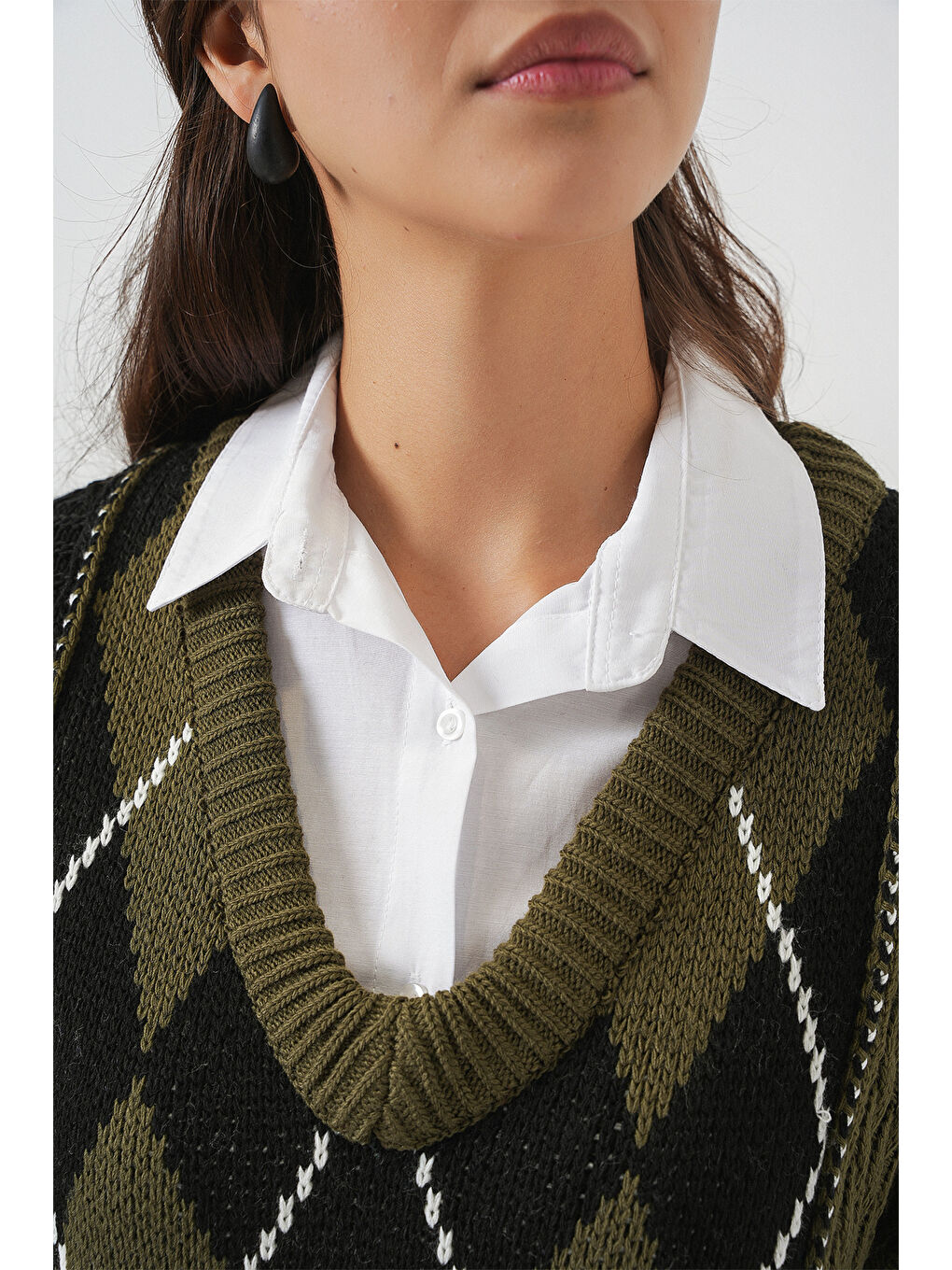 Kadın V Yaka Desenli Triko Kazak 15933 - Haki-5