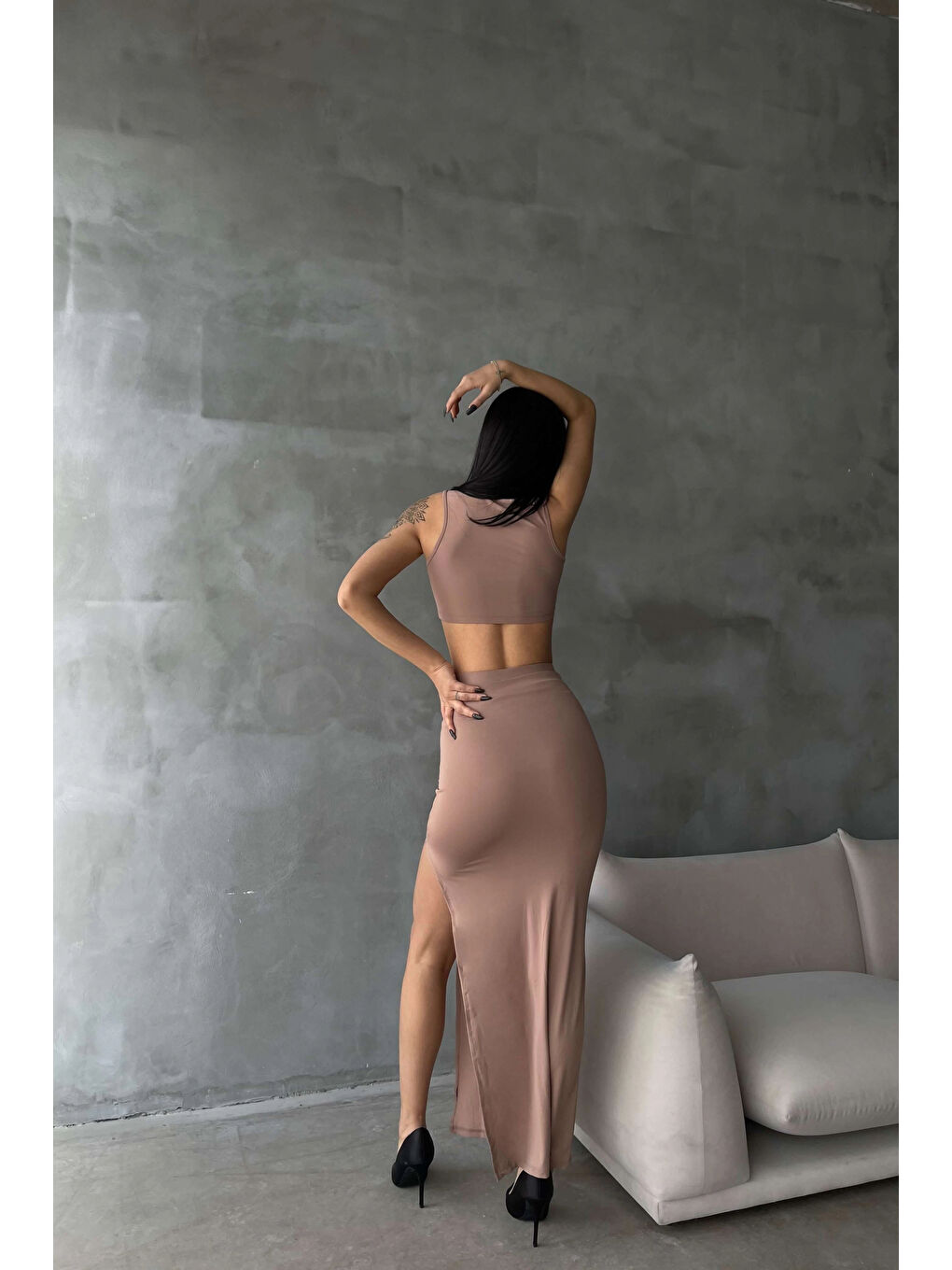 Bej Kadın Vizon Crop Yırtmaçlı Etek Takım 0956-2002-2