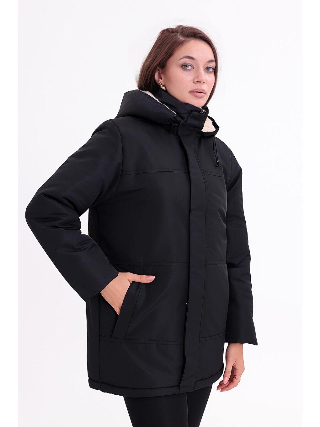 Siyah Kadın İçi Kürklü Çıkma Kapüşon Su Ve Rüzgar Geçirmez Kapüşonlu Kışlık Mont & Kaban & Parka-1