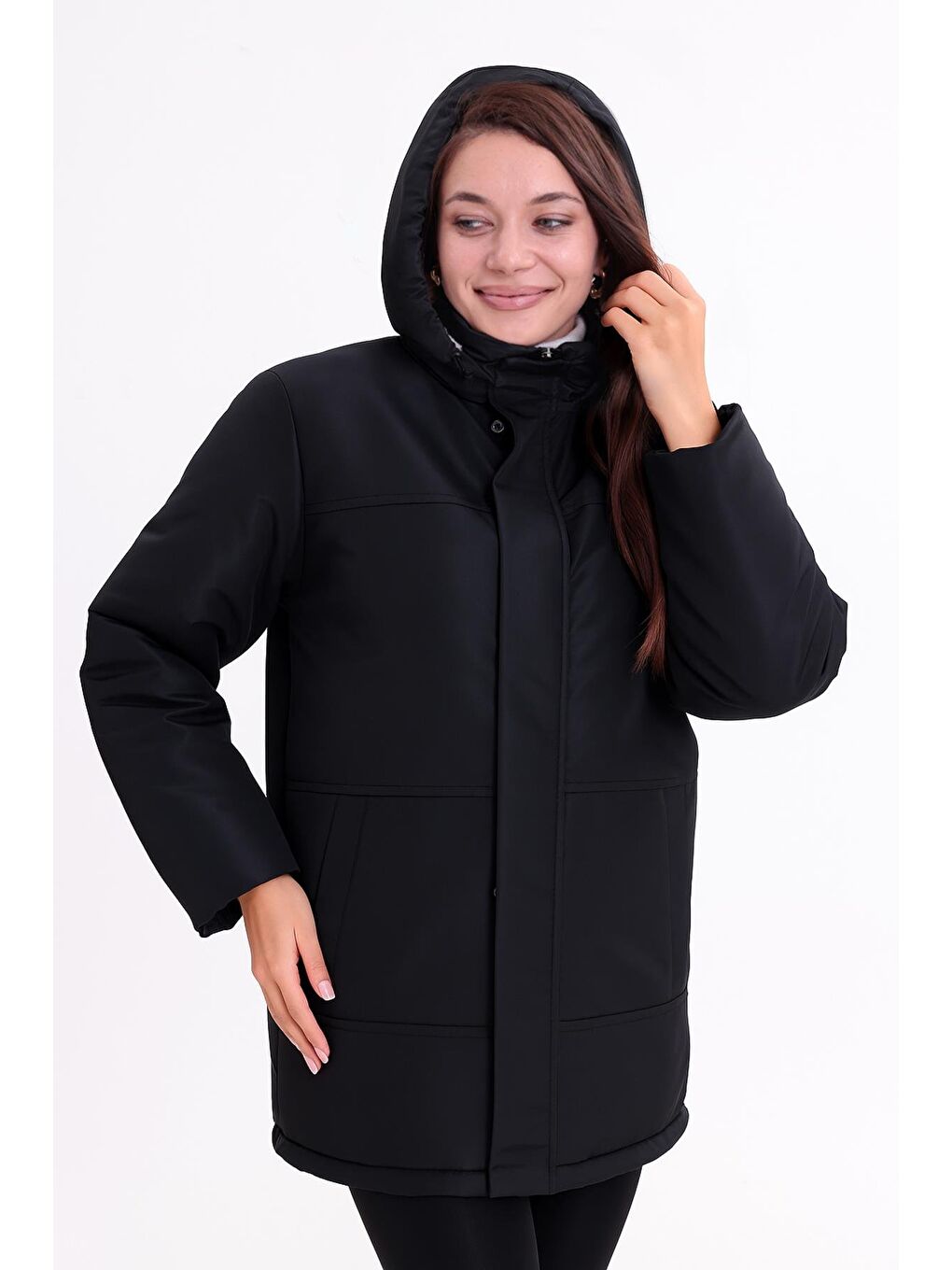Siyah Kadın İçi Kürklü Çıkma Kapüşon Su Ve Rüzgar Geçirmez Kapüşonlu Kışlık Mont & Kaban & Parka-2