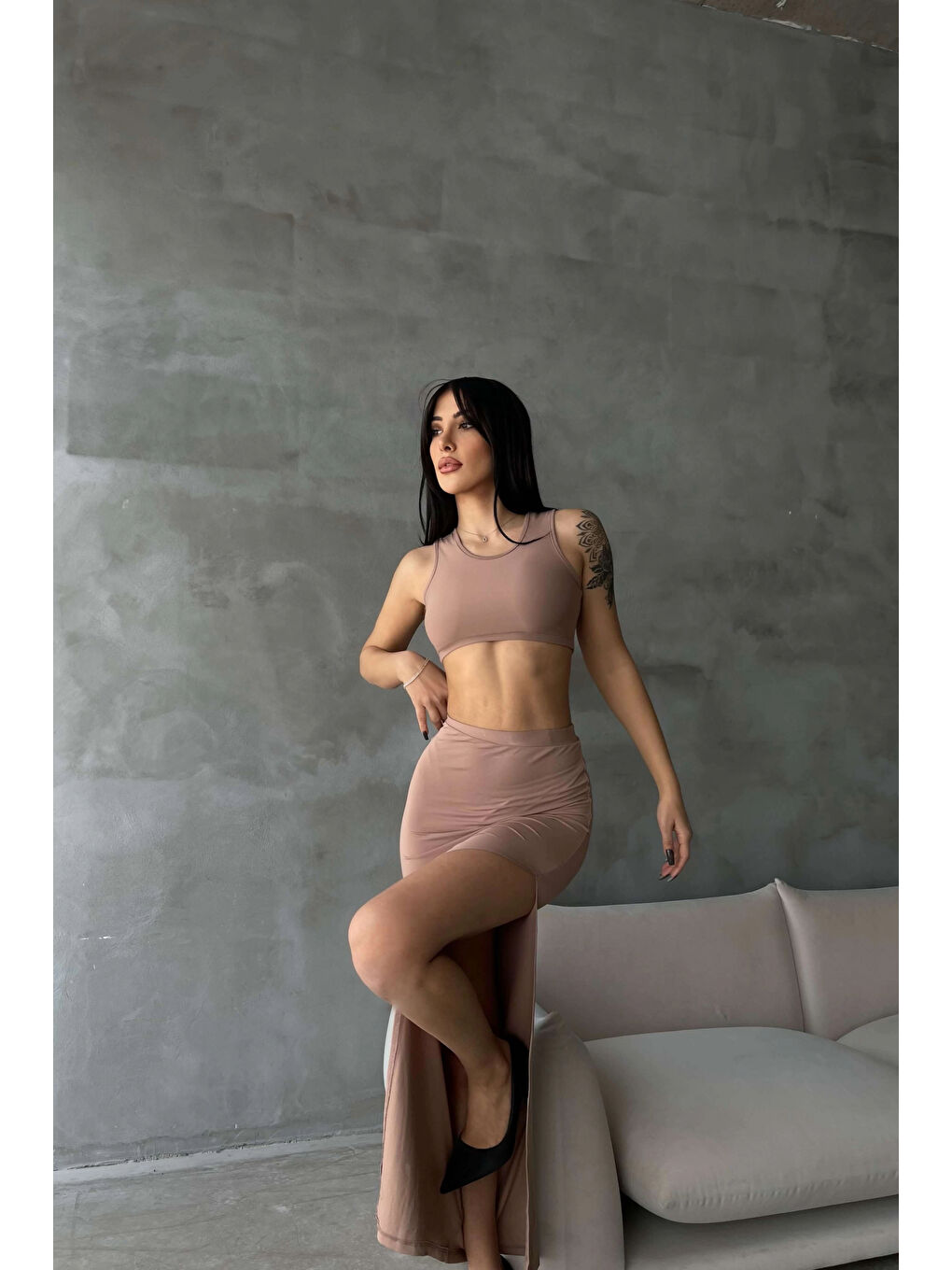 Bej Kadın Vizon Crop Yırtmaçlı Etek Takım 0956-2002-3