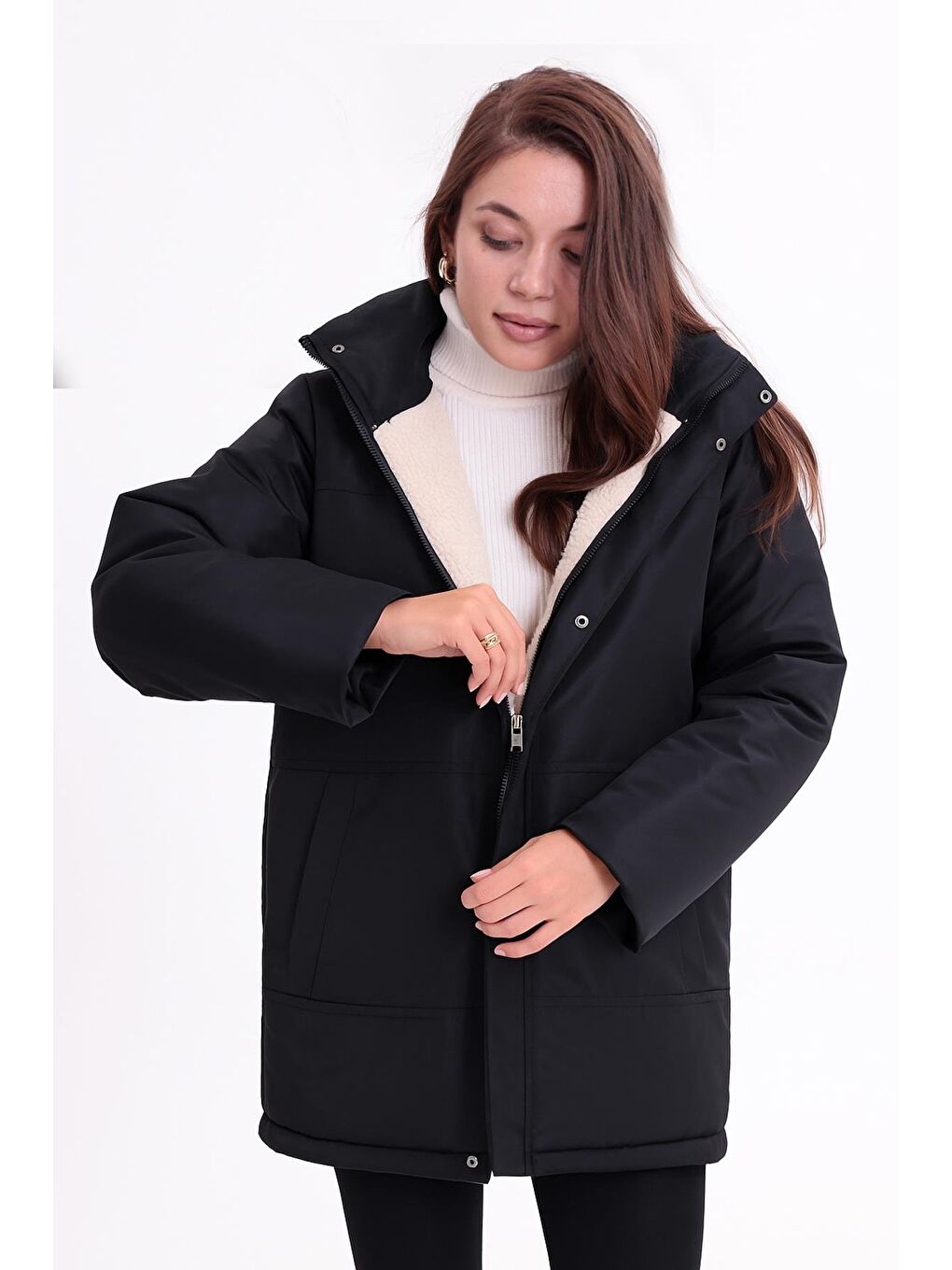 Siyah Kadın İçi Kürklü Çıkma Kapüşon Su Ve Rüzgar Geçirmez Kapüşonlu Kışlık Mont & Kaban & Parka-3