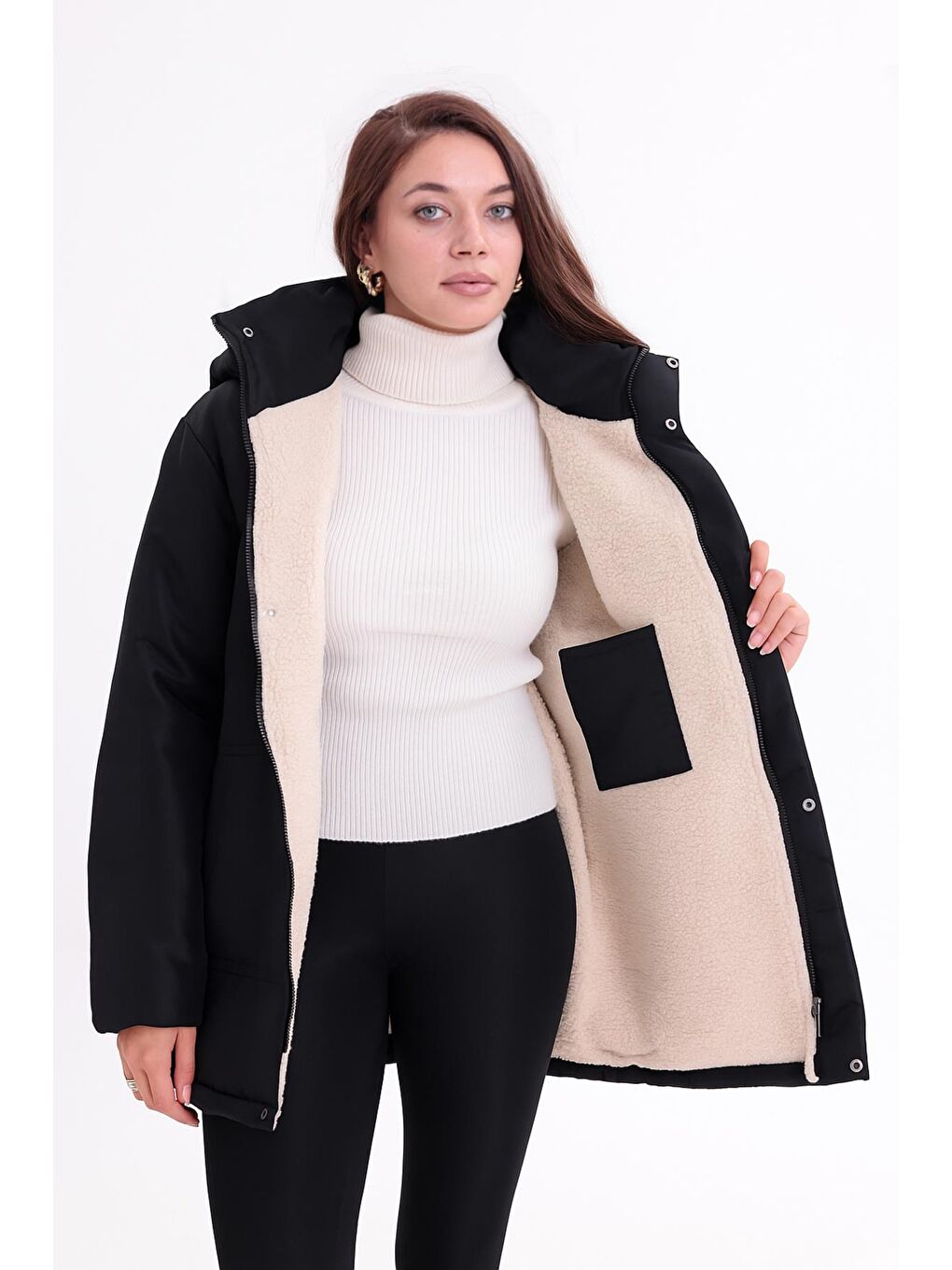 Siyah Kadın İçi Kürklü Çıkma Kapüşon Su Ve Rüzgar Geçirmez Kapüşonlu Kışlık Mont & Kaban & Parka-4