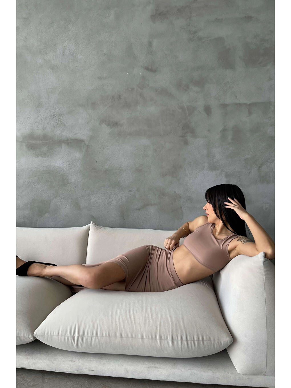 Bej Kadın Vizon Crop Yırtmaçlı Etek Takım 0956-2002-4