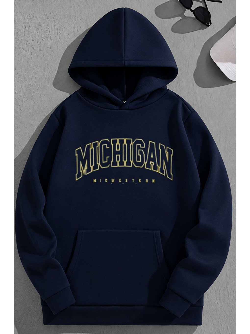 Unisex 3 İplik Pamuklu Lacivert Yellowmichigan Baskı Bol Kalıp Sweatshirt Hoodie