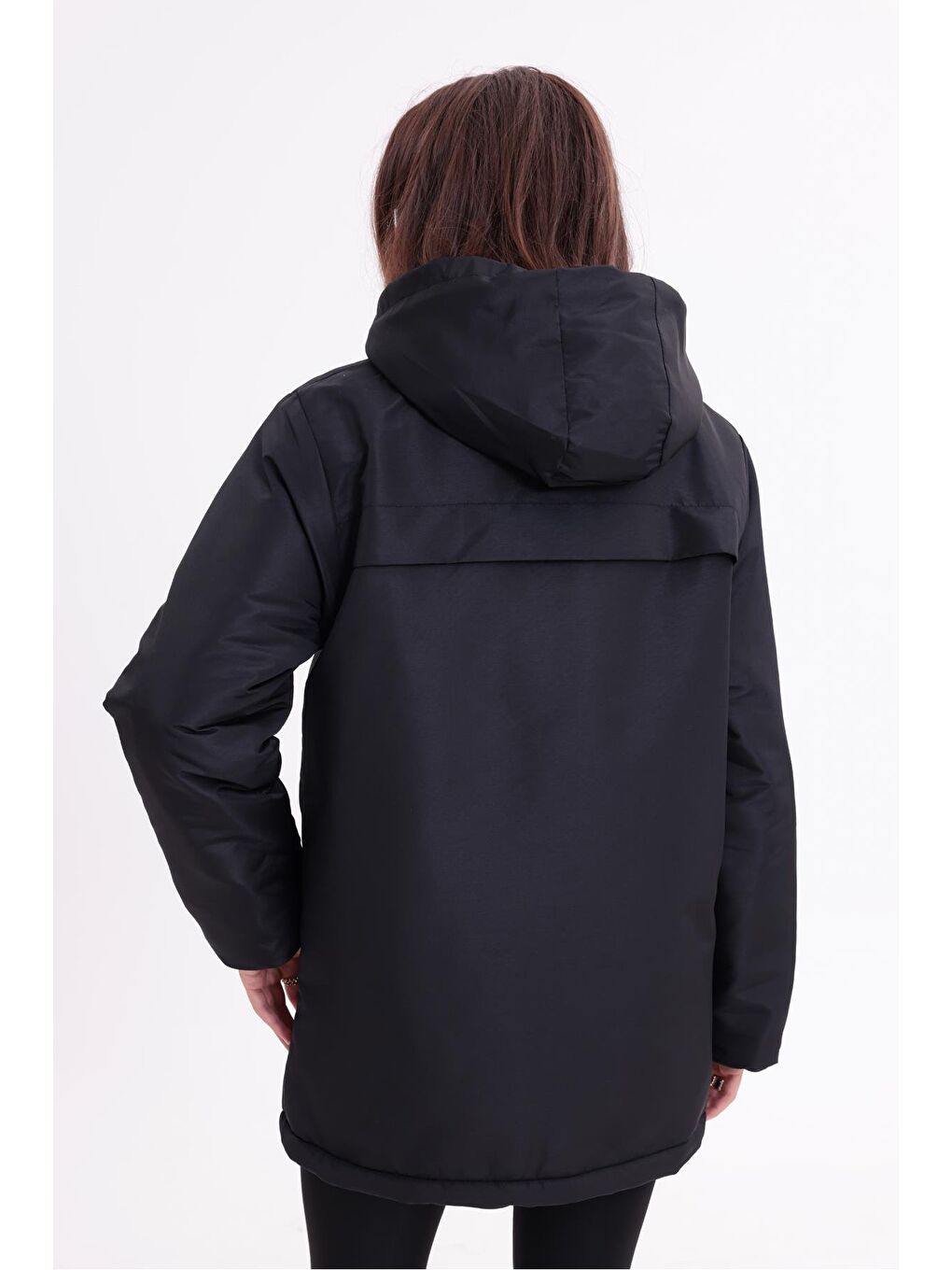 Siyah Kadın İçi Kürklü Çıkma Kapüşon Su Ve Rüzgar Geçirmez Kapüşonlu Kışlık Mont & Kaban & Parka-5