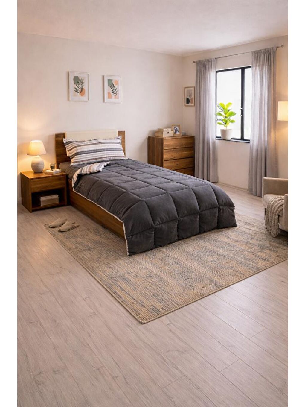 Sherpa Pelüş Tek Kişilik Lastikli Çarşaflı Comforter Set Antrasit