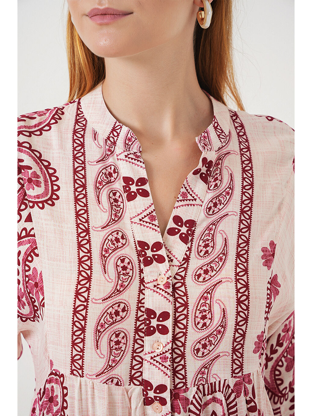 Kadın Desenli Uzun Tesettür Elbise 2585 - B.Kırmızı-4