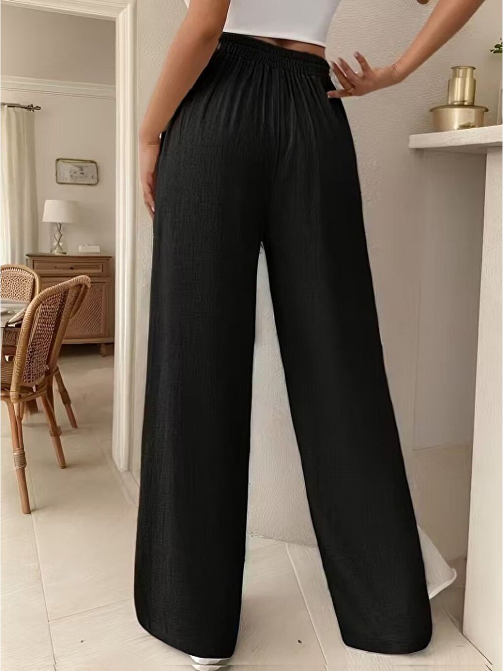 Siyah Kadın Yüksek Bel önden Bağlamalı Geniş Kesim Keten Pantolon-1