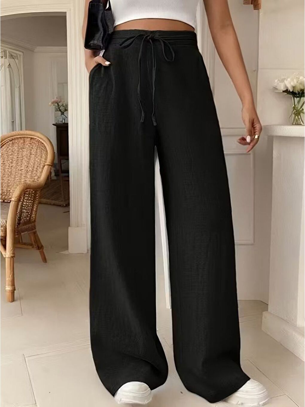 Siyah Kadın Yüksek Bel önden Bağlamalı Geniş Kesim Keten Pantolon-2