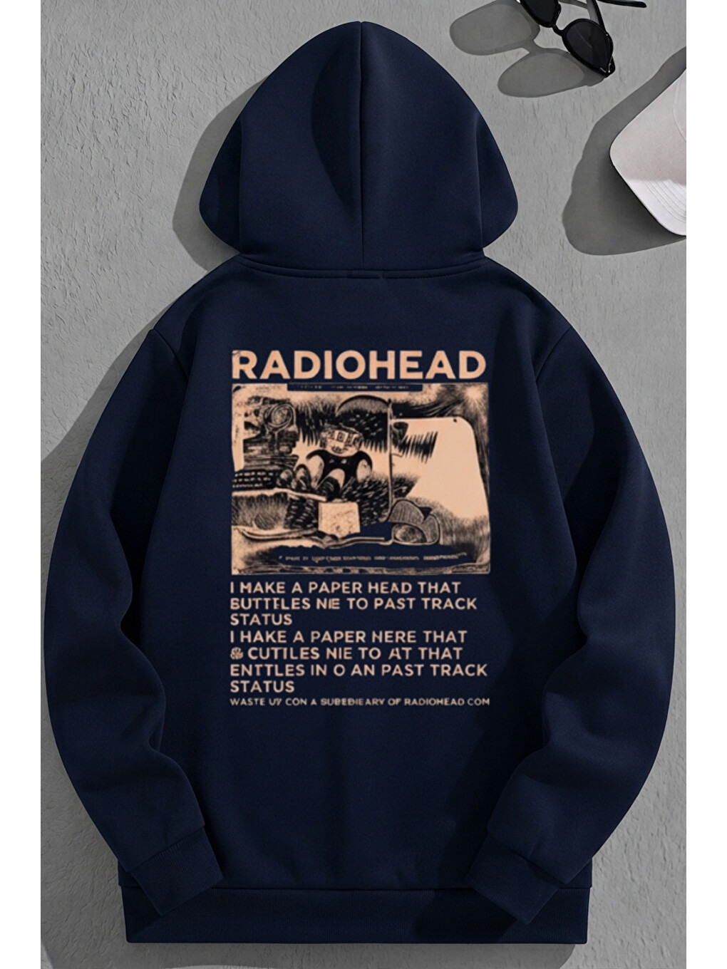 Unisex 3 İplik Pamuklu Lacivert Radiohead Baskı Bol Kalıp Sweatshirt Hoodie