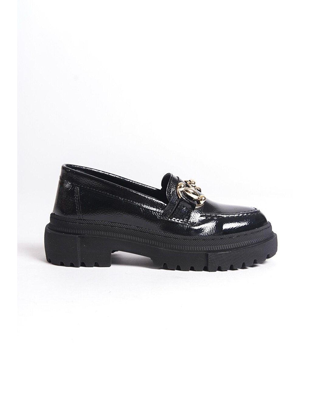 Siyah Oval Burunlu Metal Tokalı Trak Tabanlı Kadın Loafer-3