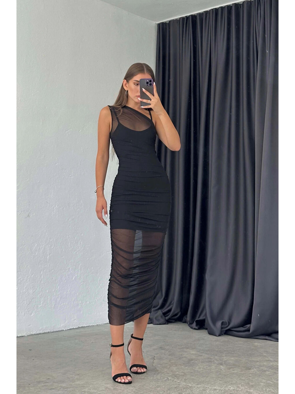 Kadın Siyah Tül Detay Uzun Elbise 1032-2003-2