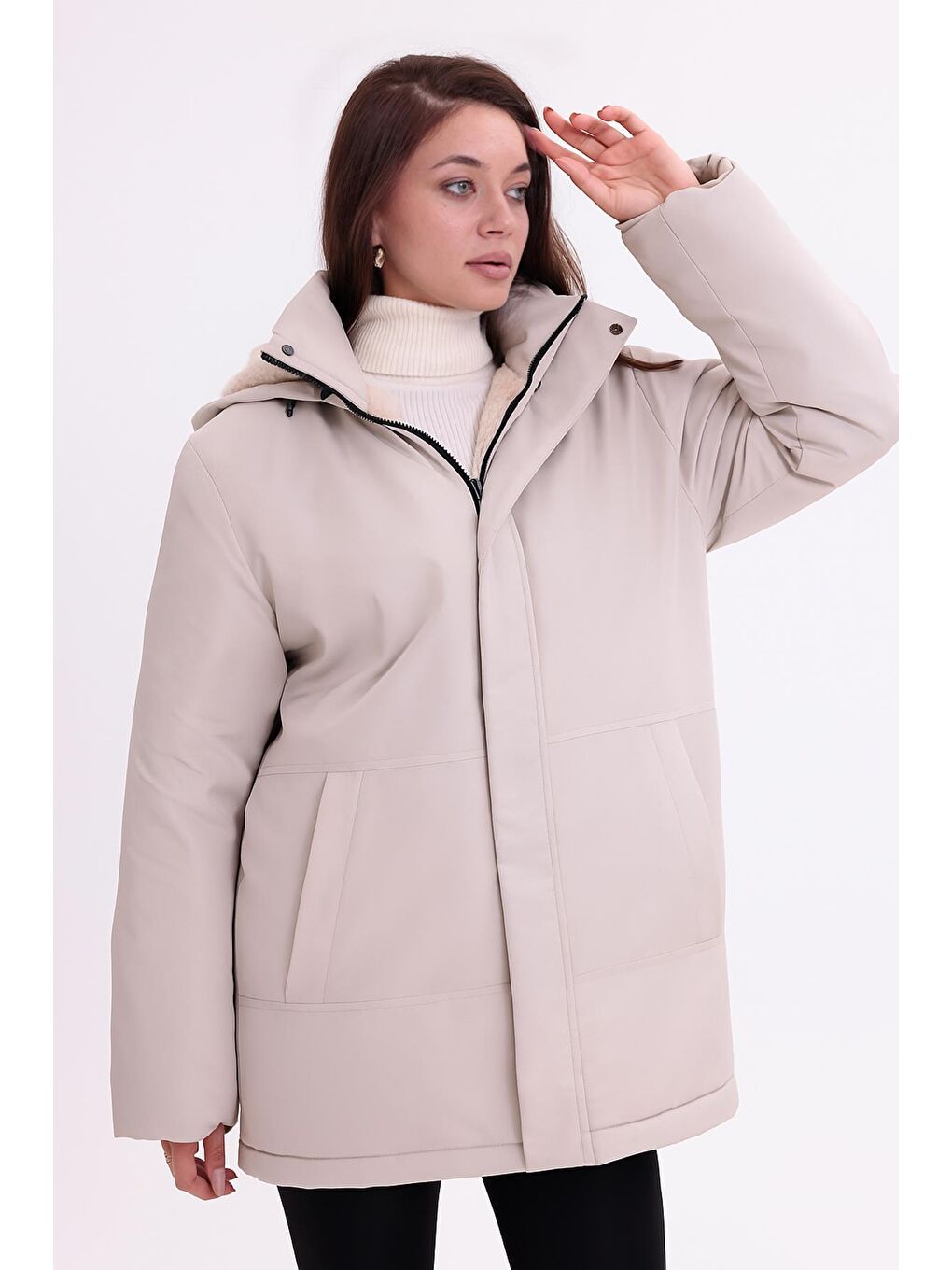Bej Kadın İçi Kürklü Çıkma Kapüşon Su Ve Rüzgar Geçirmez Kapüşonlu Kışlık Mont & Kaban & Parka-1