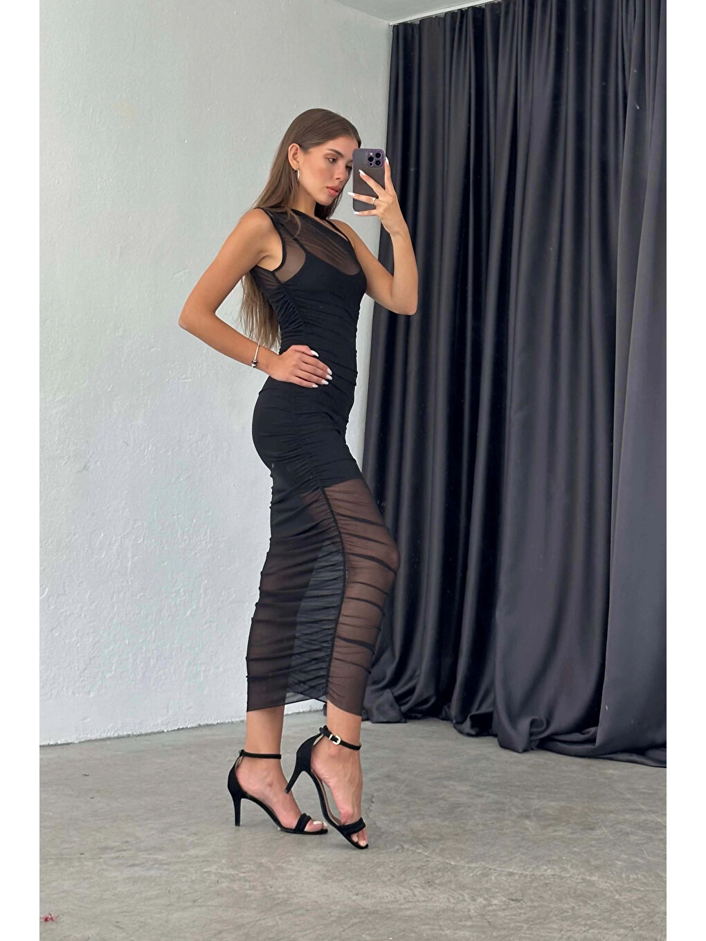 Kadın Siyah Tül Detay Uzun Elbise 1032-2003-3