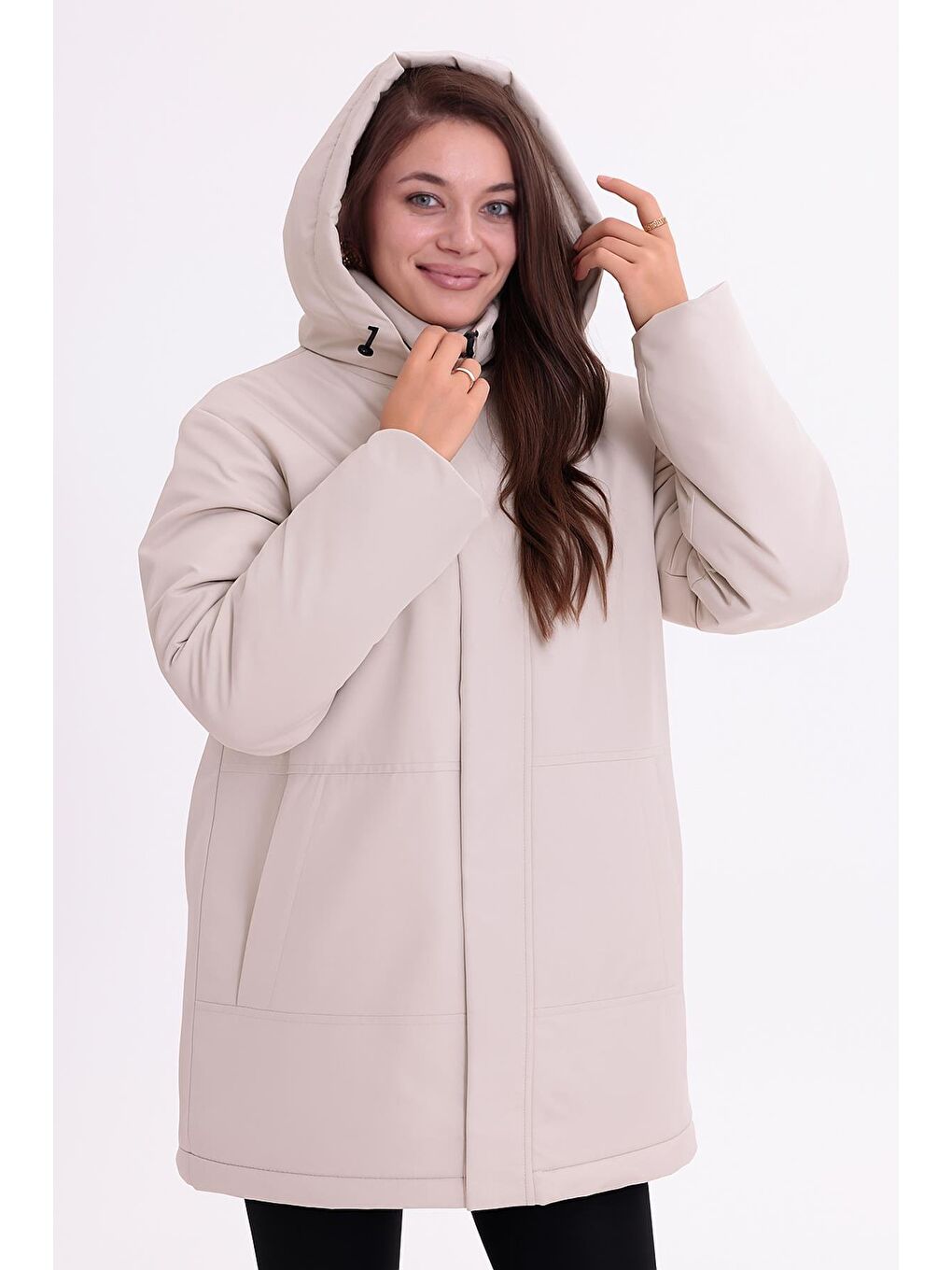 Bej Kadın İçi Kürklü Çıkma Kapüşon Su Ve Rüzgar Geçirmez Kapüşonlu Kışlık Mont & Kaban & Parka-2