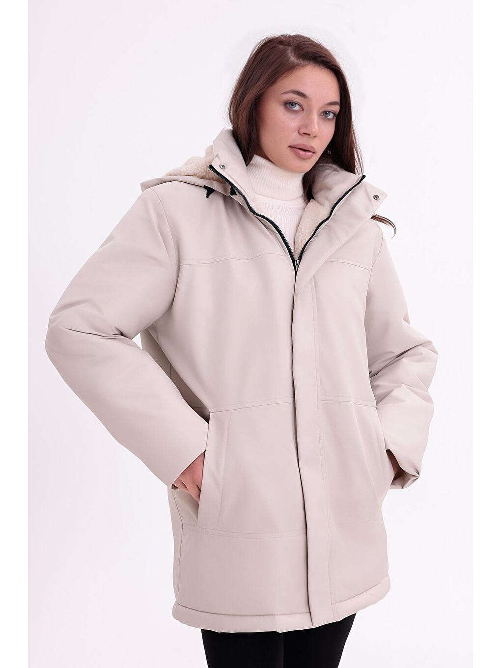 Bej Kadın İçi Kürklü Çıkma Kapüşon Su Ve Rüzgar Geçirmez Kapüşonlu Kışlık Mont & Kaban & Parka-3