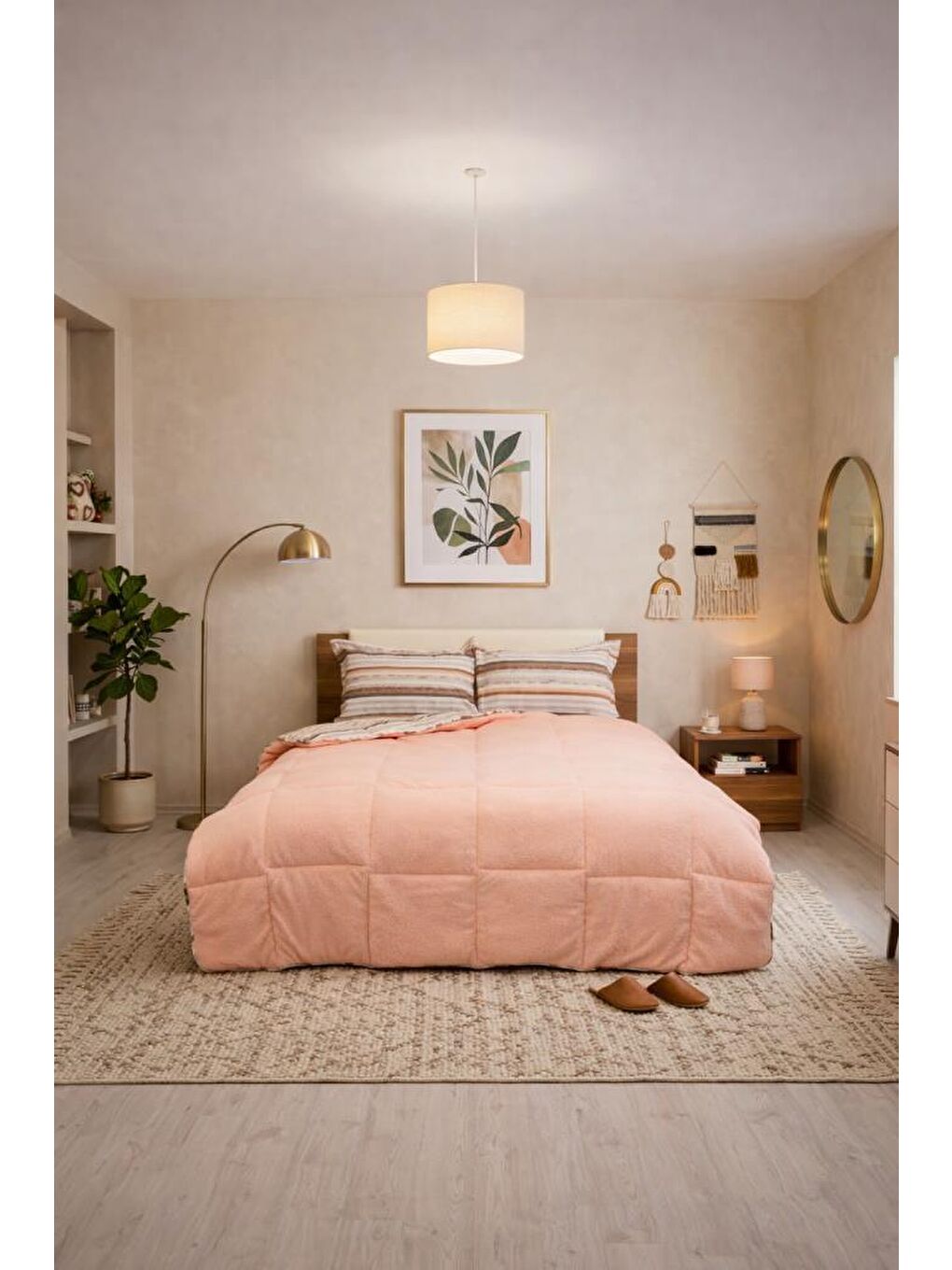 Pembe Sherpa Pelüş Çift Kişilik Lastikli Çarşaflı Comforter Set Pudra-1