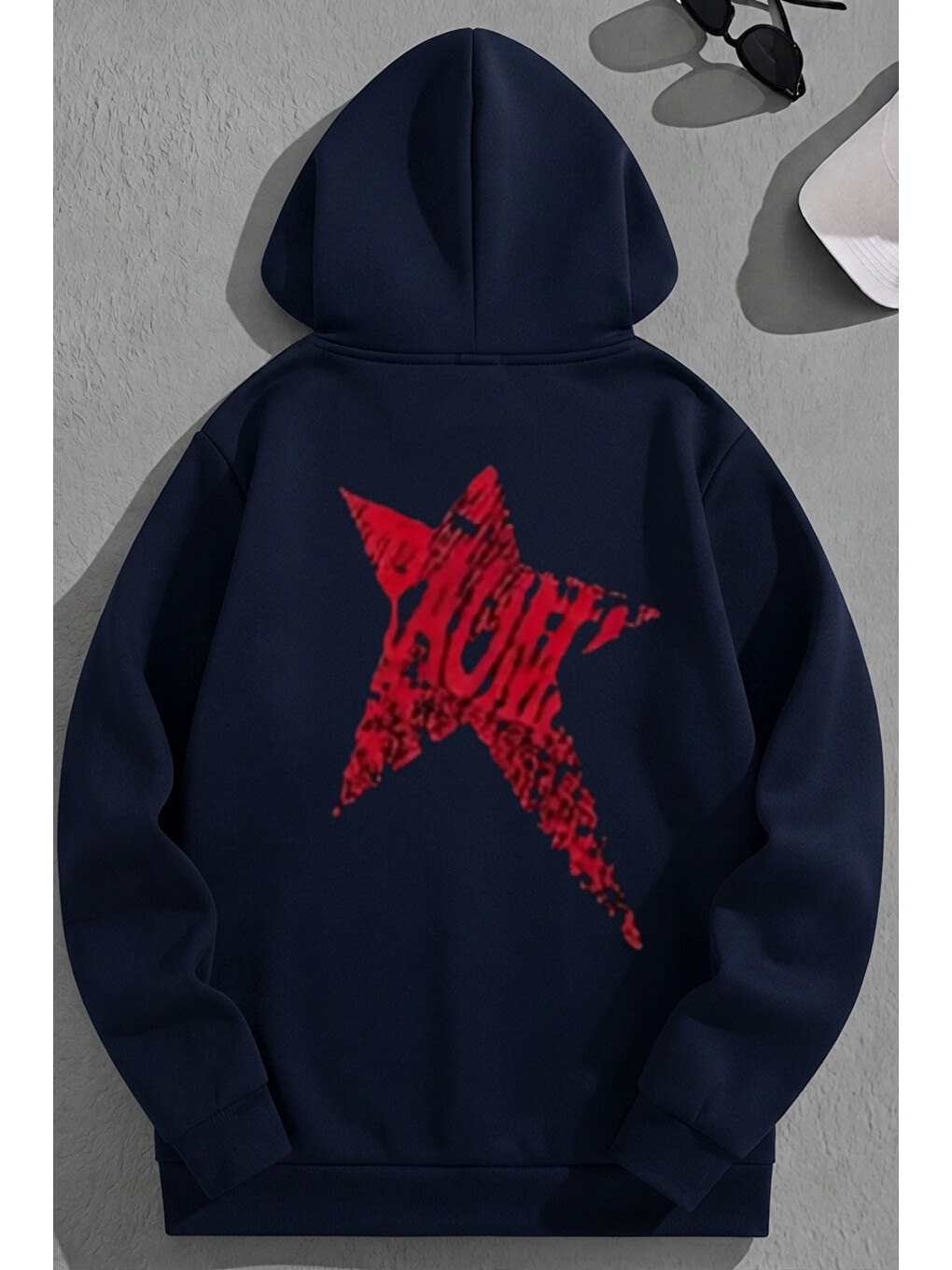 Unisex 3 İplik Pamuklu Lacivert Redstar Baskı Bol Kalıp Sweatshirt Hoodie