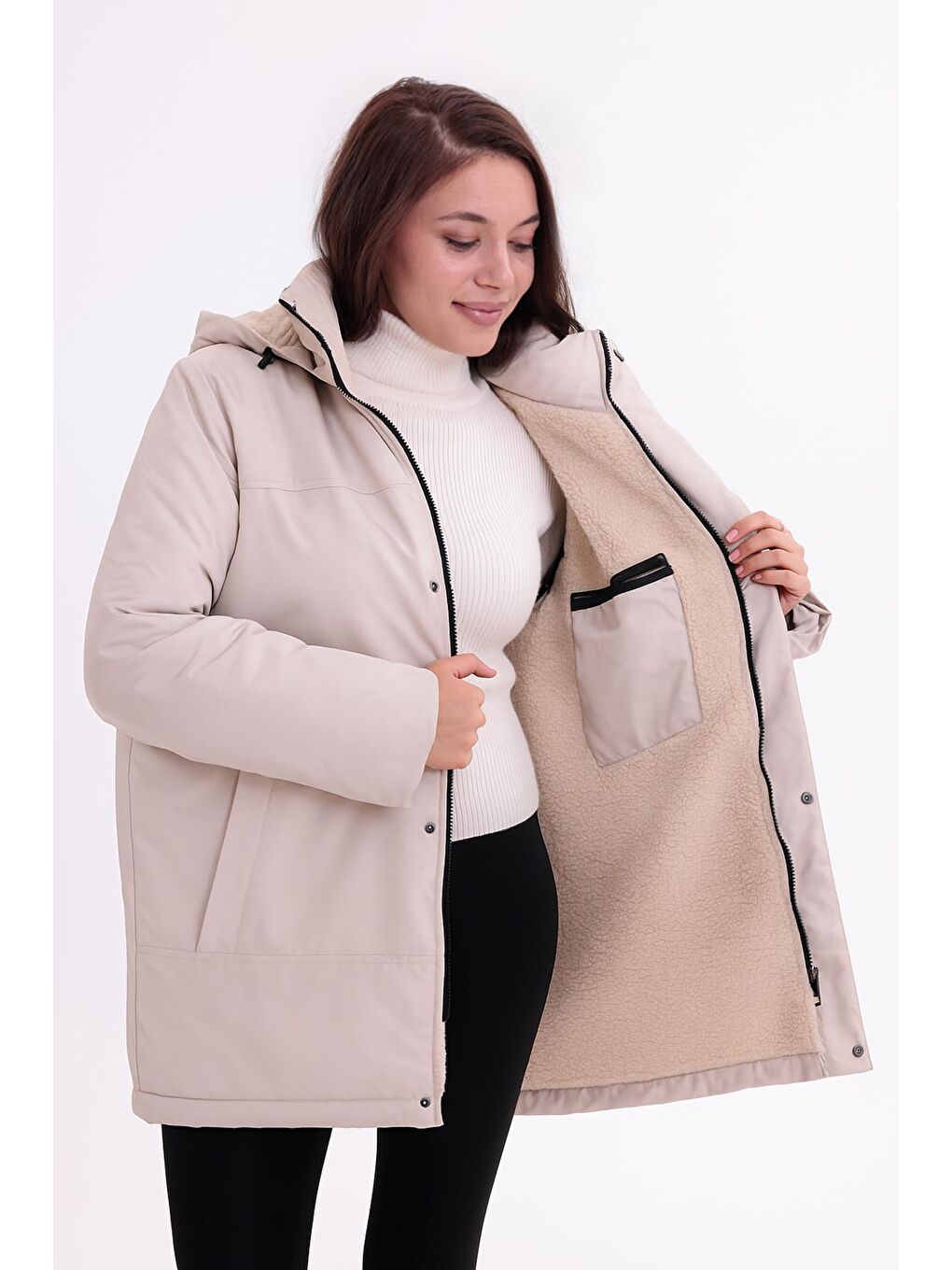 Bej Kadın İçi Kürklü Çıkma Kapüşon Su Ve Rüzgar Geçirmez Kapüşonlu Kışlık Mont & Kaban & Parka-4