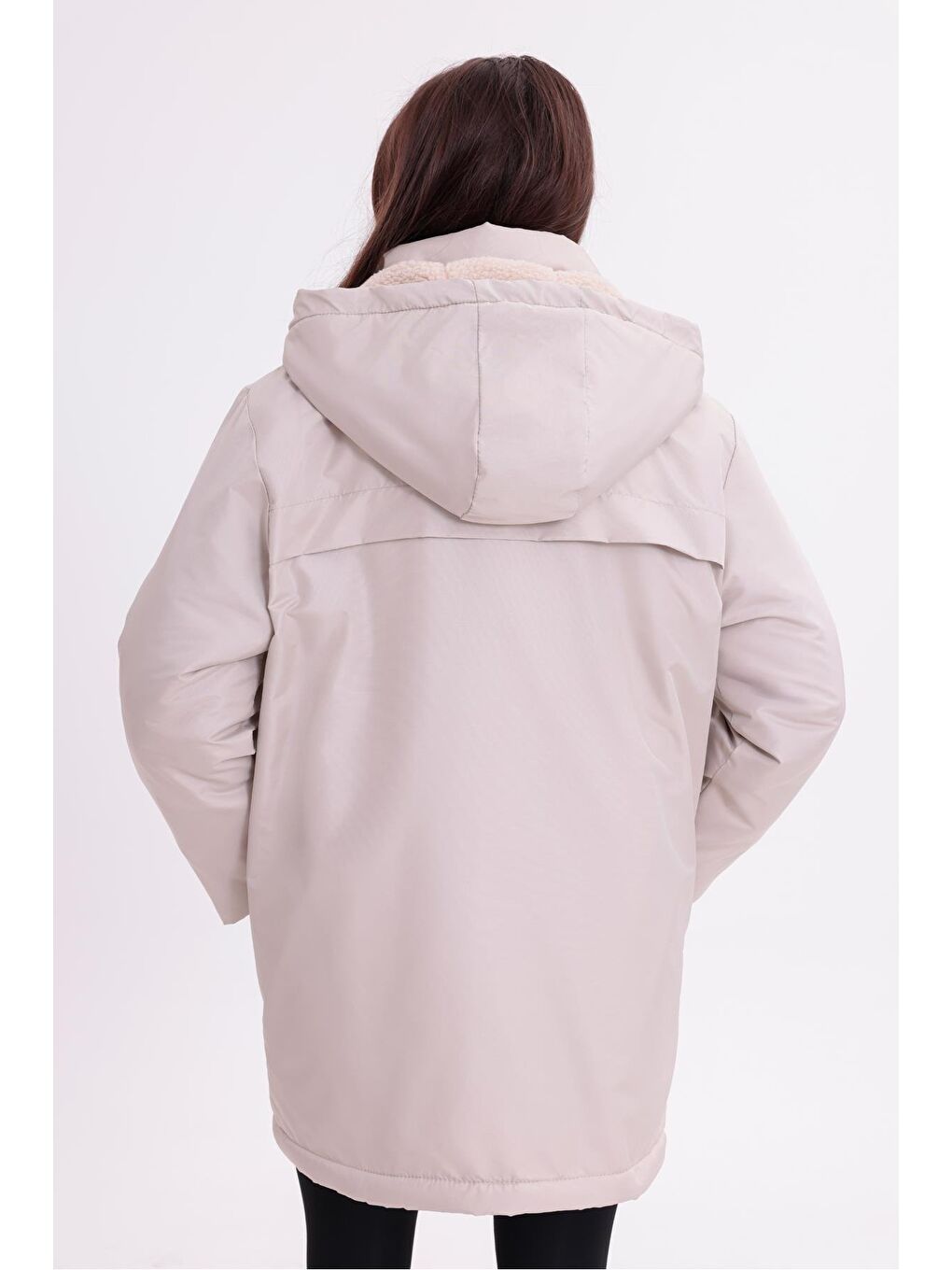 Bej Kadın İçi Kürklü Çıkma Kapüşon Su Ve Rüzgar Geçirmez Kapüşonlu Kışlık Mont & Kaban & Parka-5