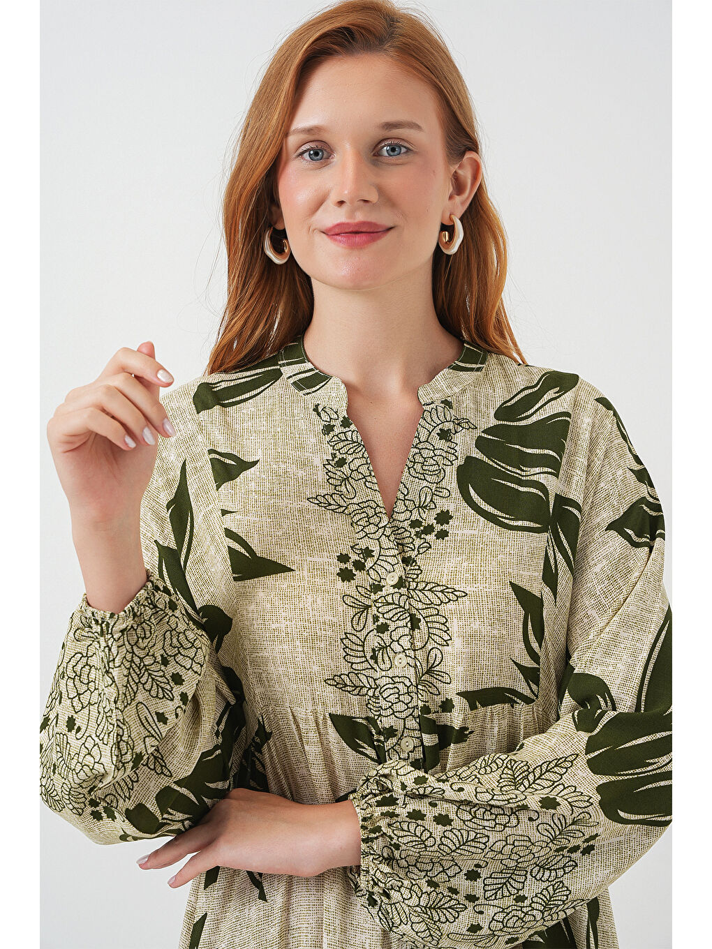 Kadın Desenli Uzun Tesettür Elbise 2585 - E.Yeşil-1