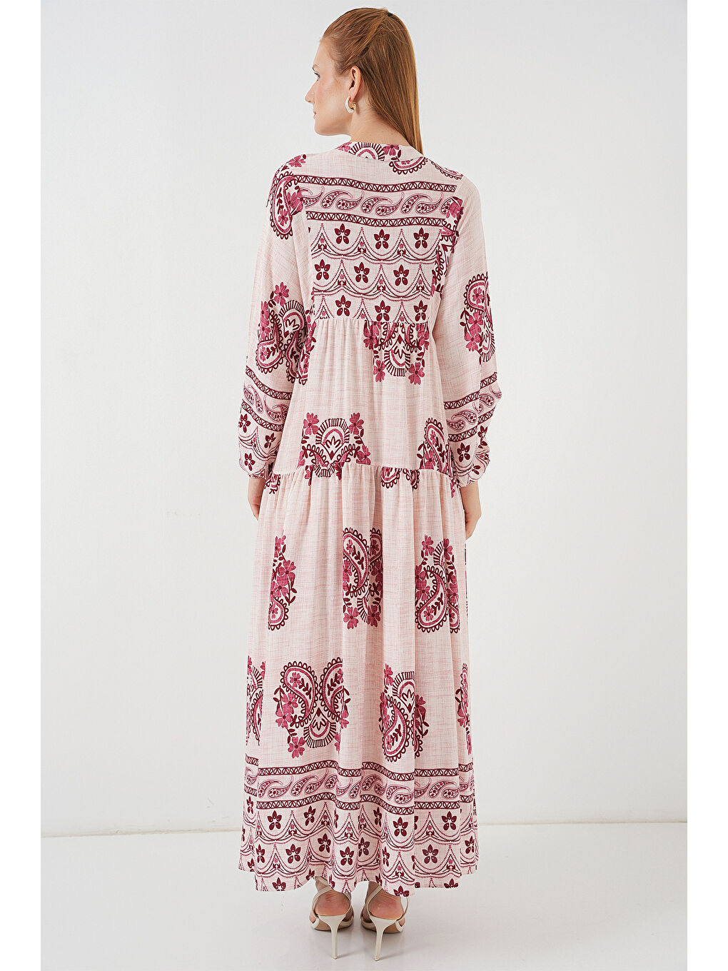 Kadın Desenli Uzun Tesettür Elbise 2585 - B.Kırmızı-5