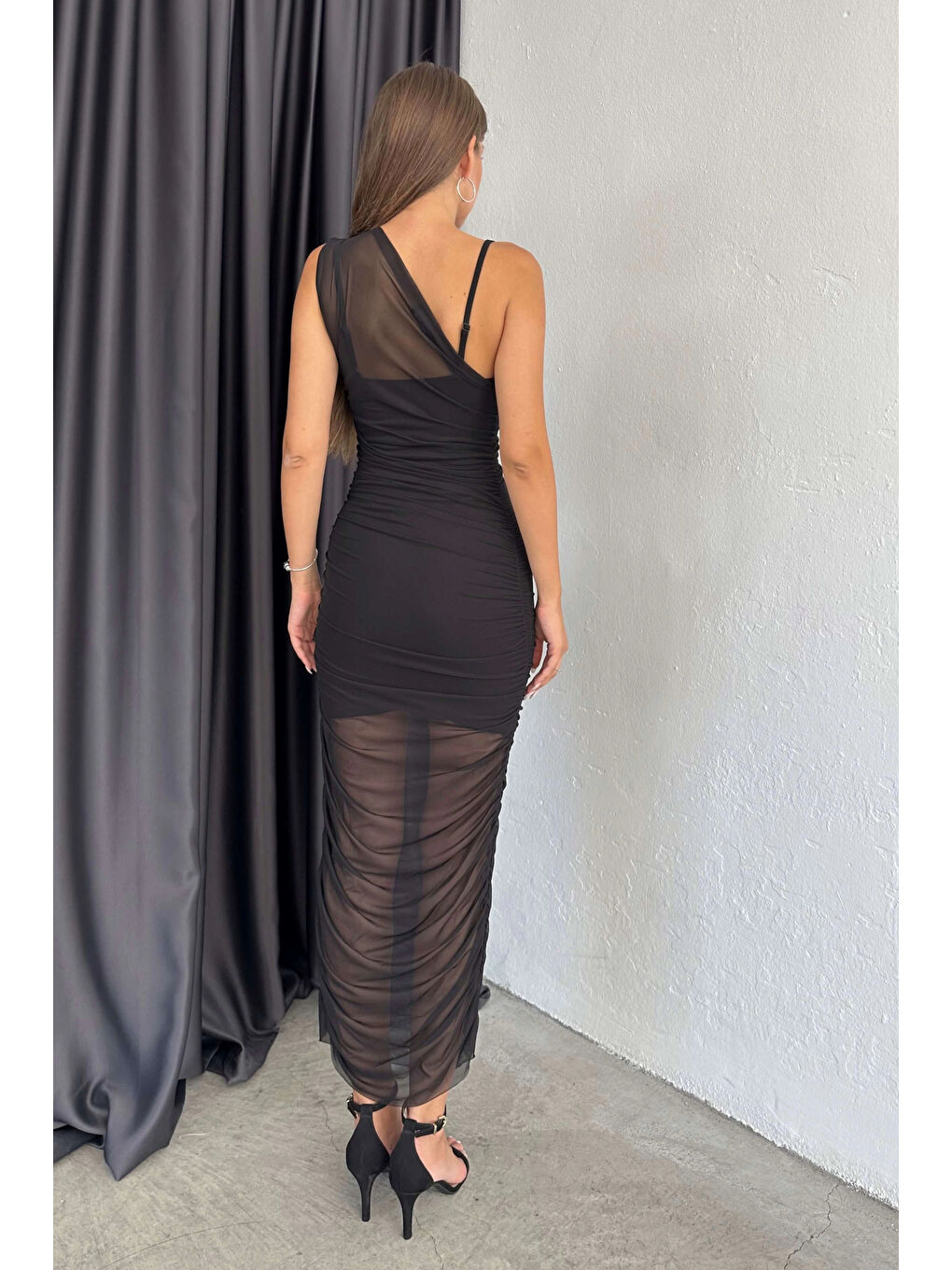 Kadın Siyah Tül Detay Uzun Elbise 1032-2003-7