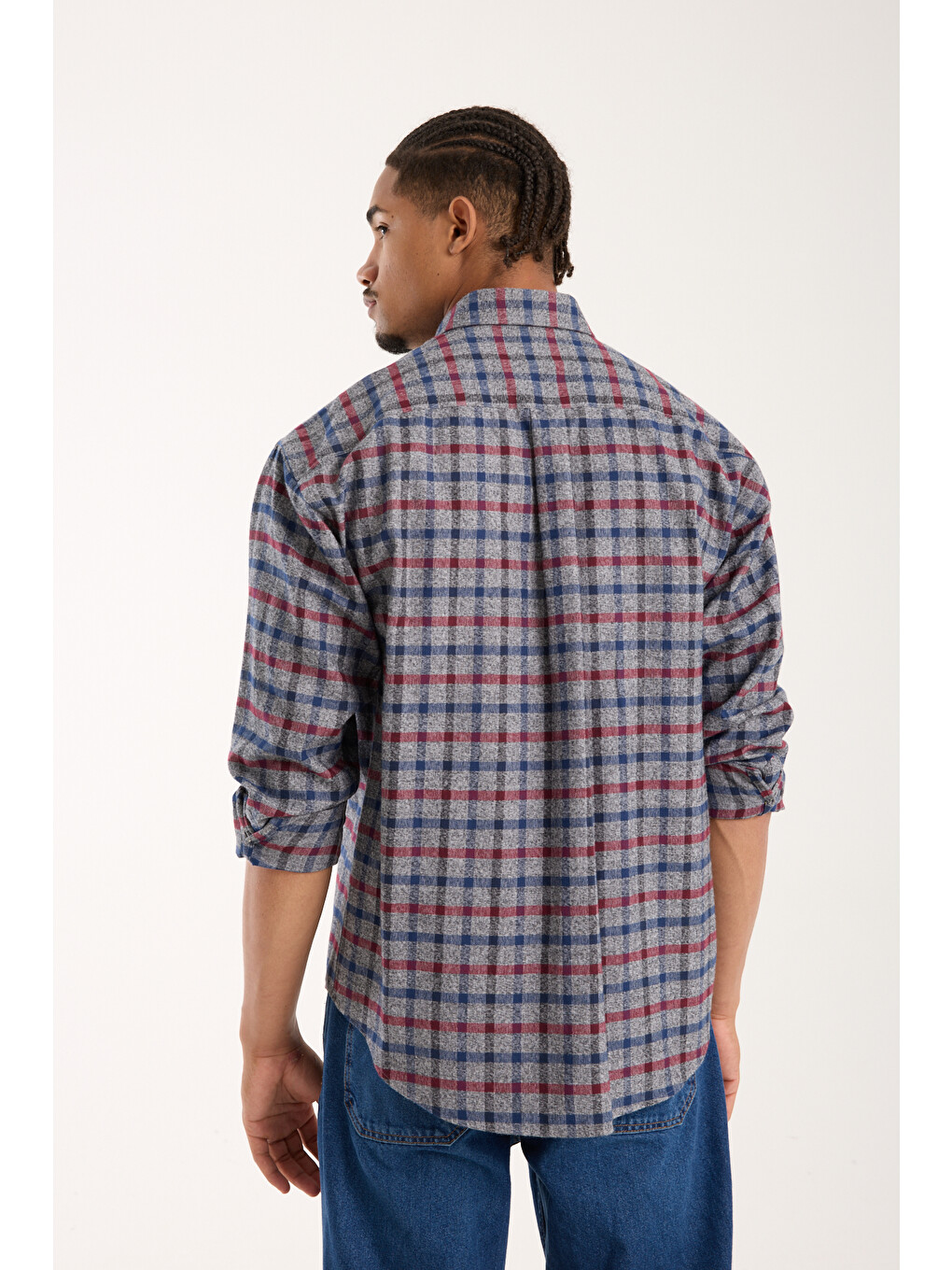 Rio Twill Pamuklu Oversize Fit Gri Klasik Yaka Erkek Ekoseli Gömlek-4