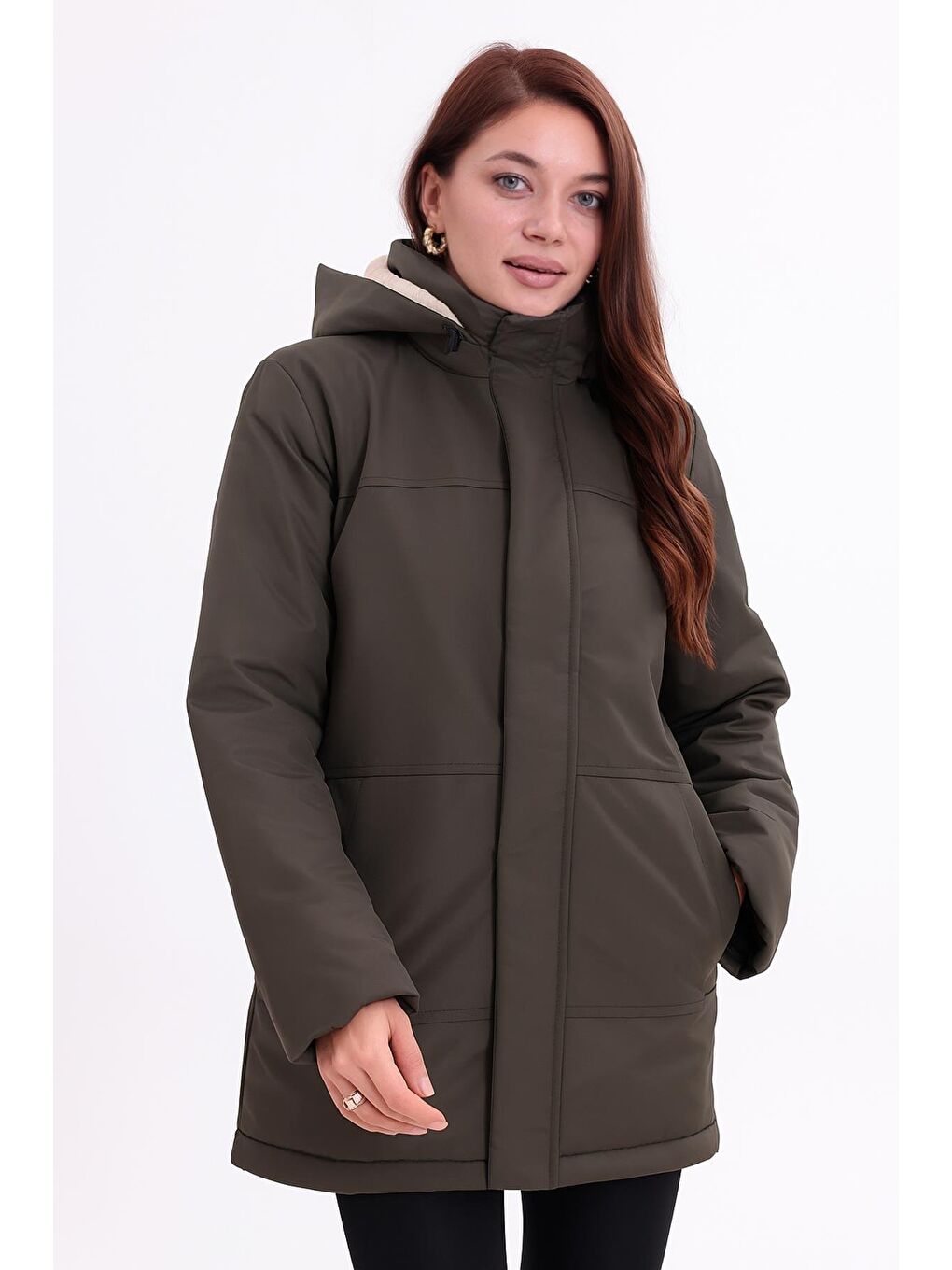 Haki Kadın İçi Kürklü Çıkma Kapüşon Su Ve Rüzgar Geçirmez Kapüşonlu Kışlık Mont & Kaban & Parka