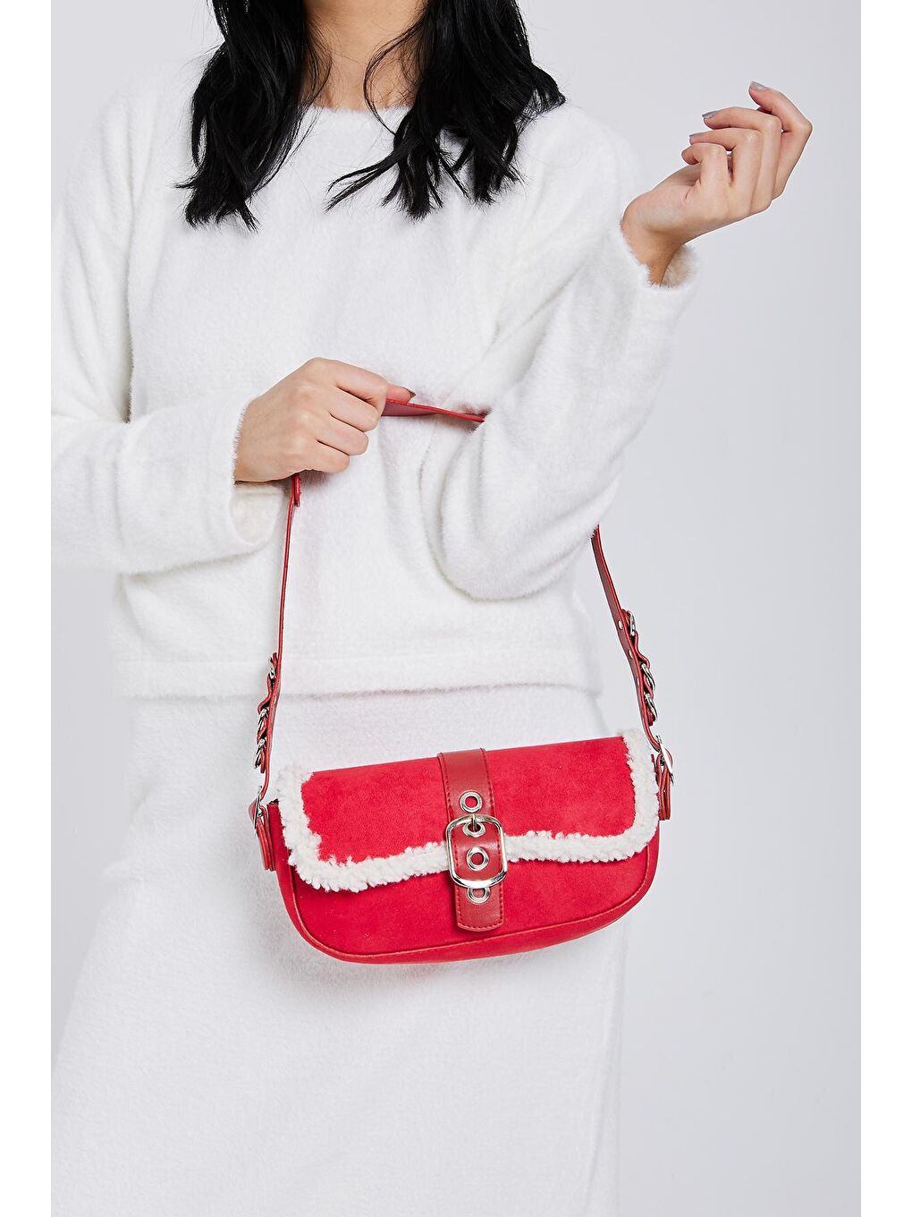Peluş Detaylı Süet Gina Kadın Kol Çanta Kırmızı-1