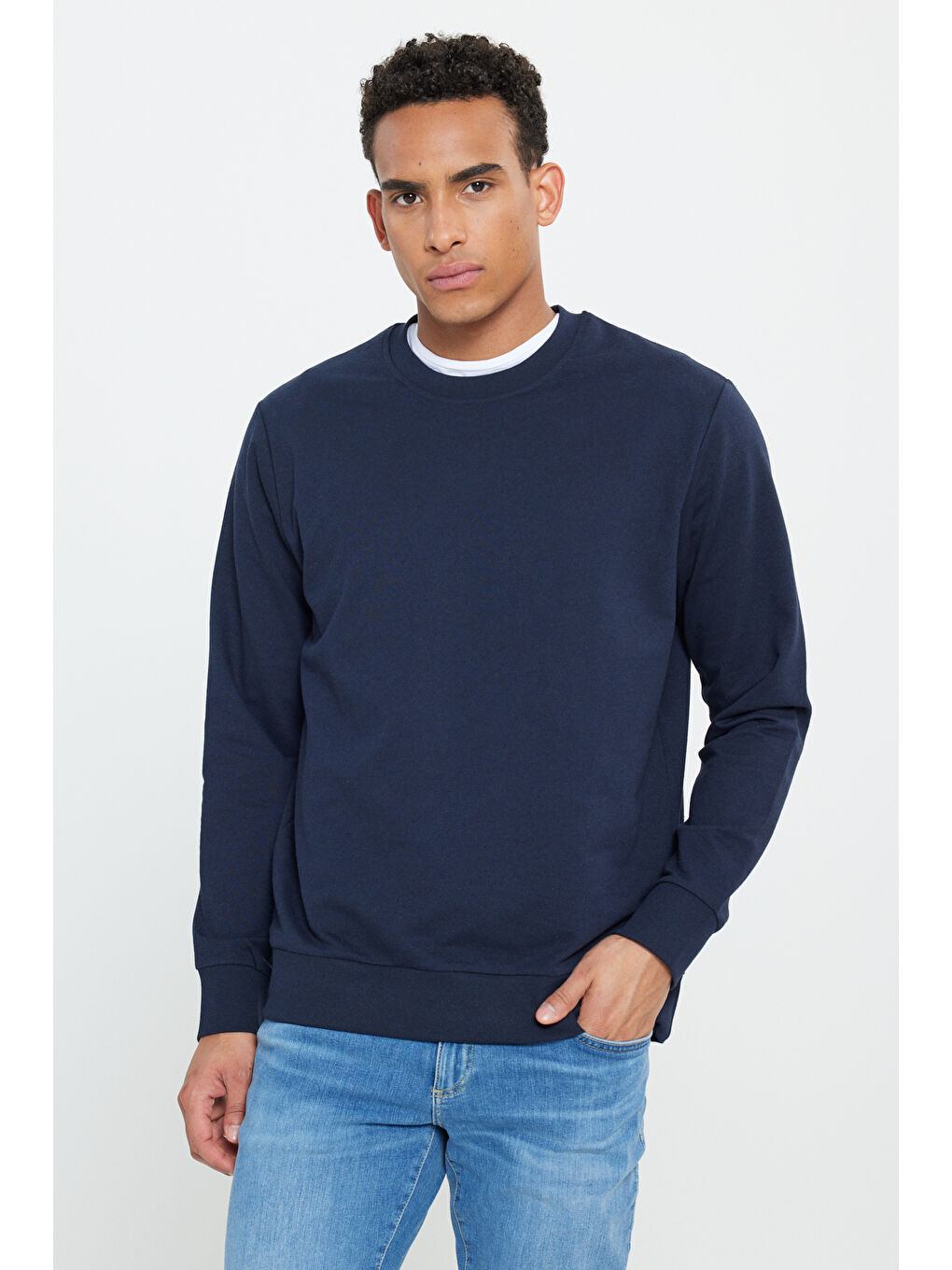 Erkek Lacivert-Siyah 2'li Paket Pamuklu Standart Fit Normal Kesim Bisiklet Yaka Sweatshirt-5