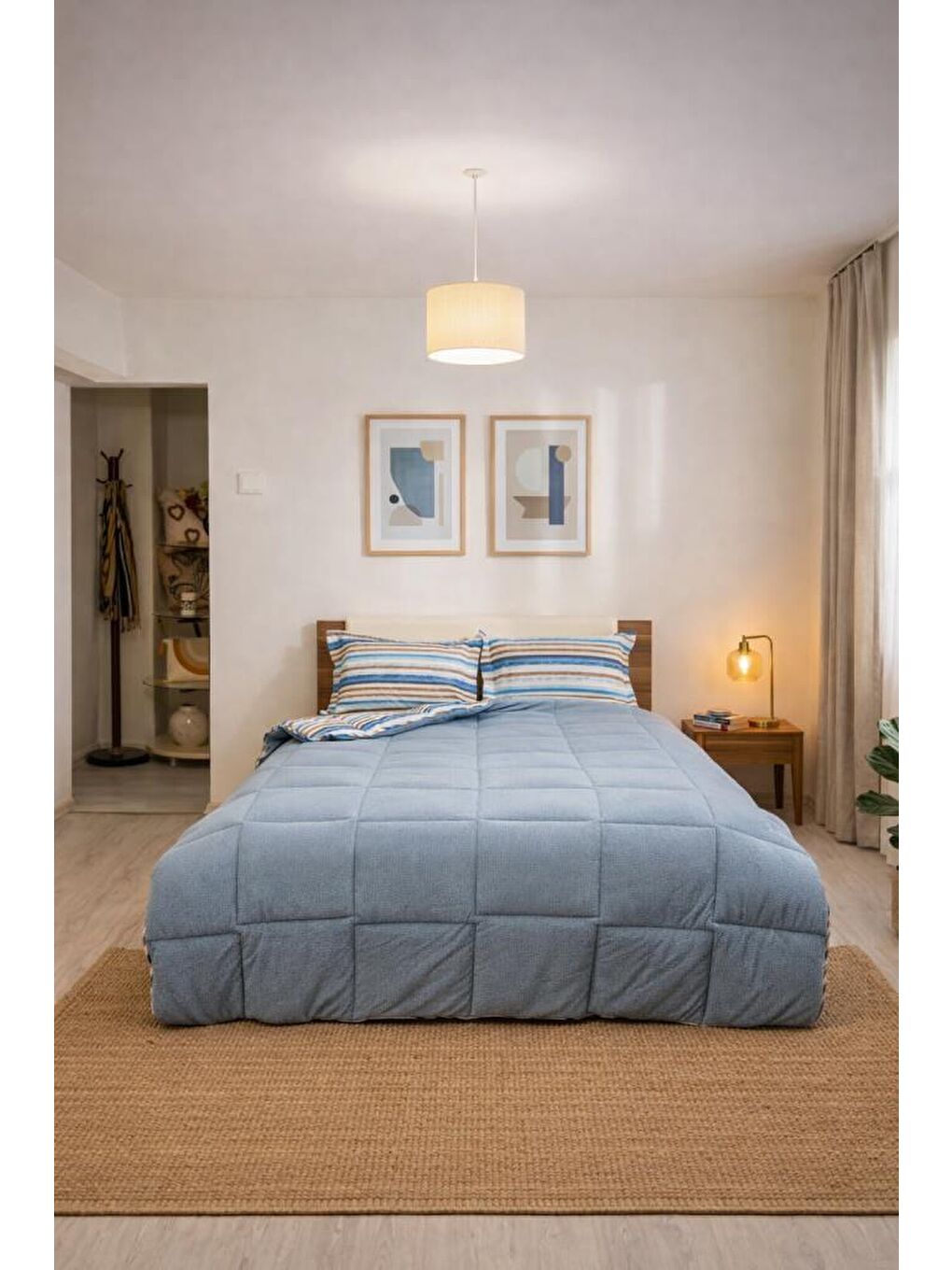 Sherpa Pelüş Çift Kişilik Lastikli Çarşaflı Comforter Set Mavi-1